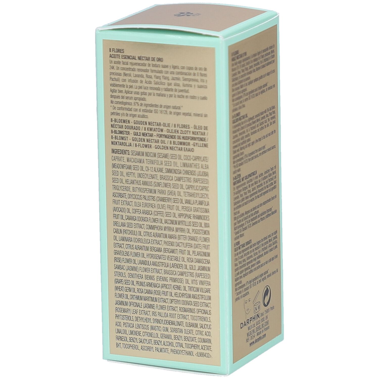 Côté de la boîte Darphin. Texte multilingue. Ingrédients et informations sur le produit.