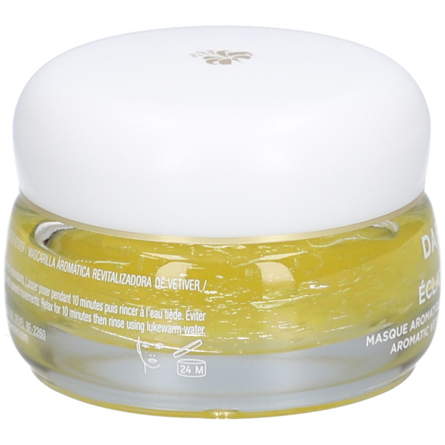 Pot en verre avec crème jaune et couvercle blanc. Texte: Masque Aromatique Revitalisant au Vétiver. Symbole 24M.