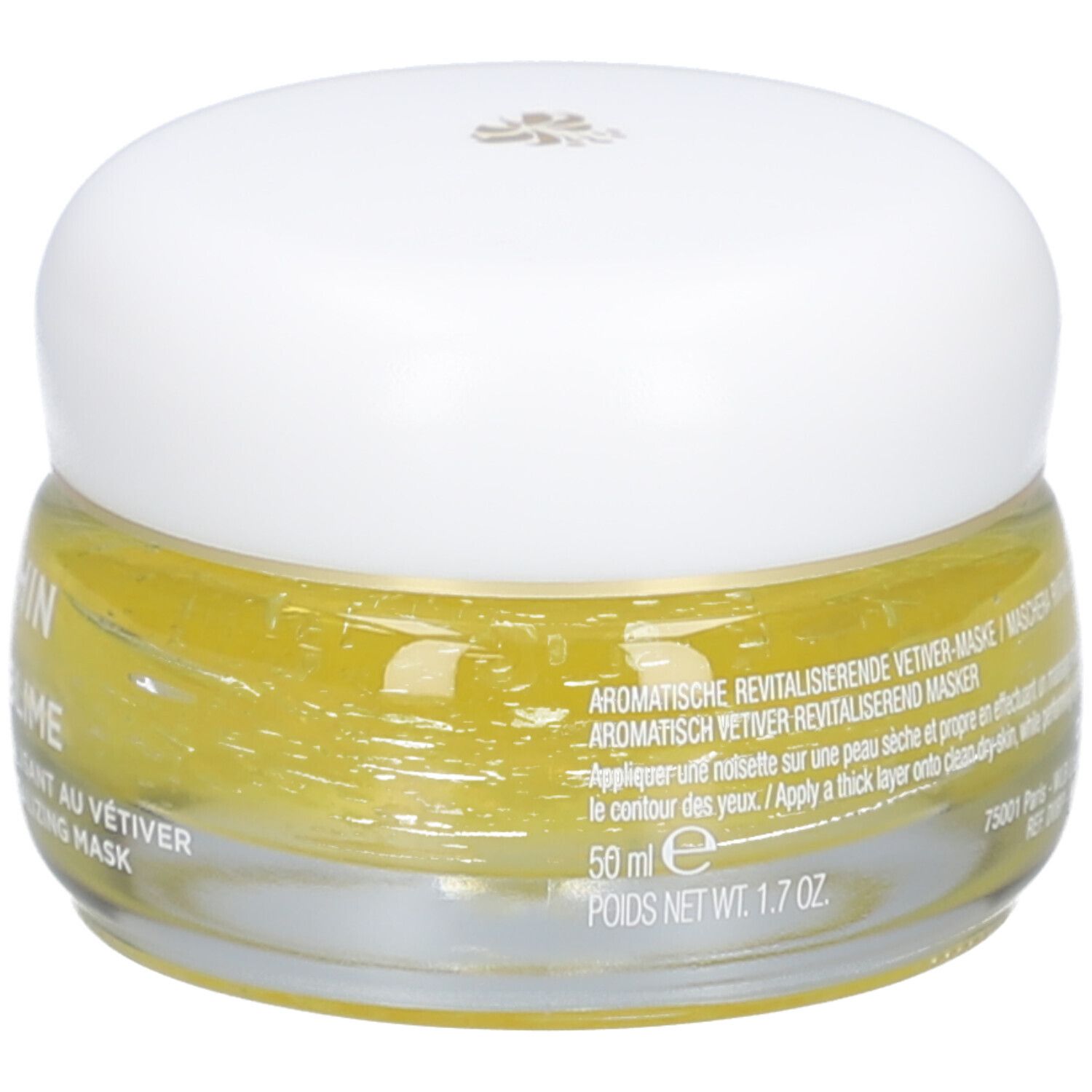 Pot en verre avec crème jaune et couvercle blanc. Texte: Masque Aromatique Revitalisant au Vétiver. 50 ml. 1.7 OZ.