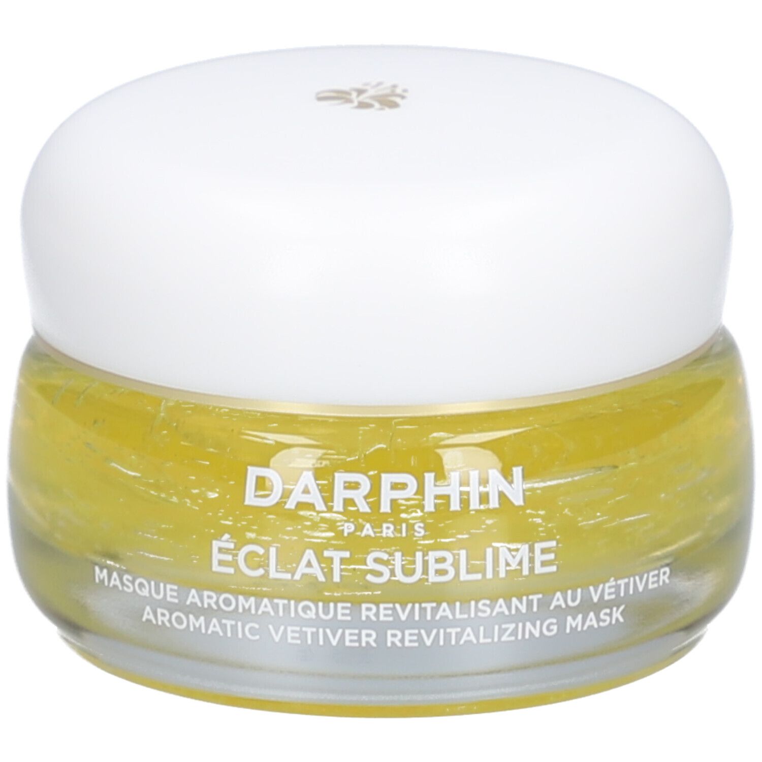 Pot en verre avec crème jaune et couvercle blanc. Texte: Darphin, Éclat Sublime, Masque aromatique revitalisant au vétiver.
