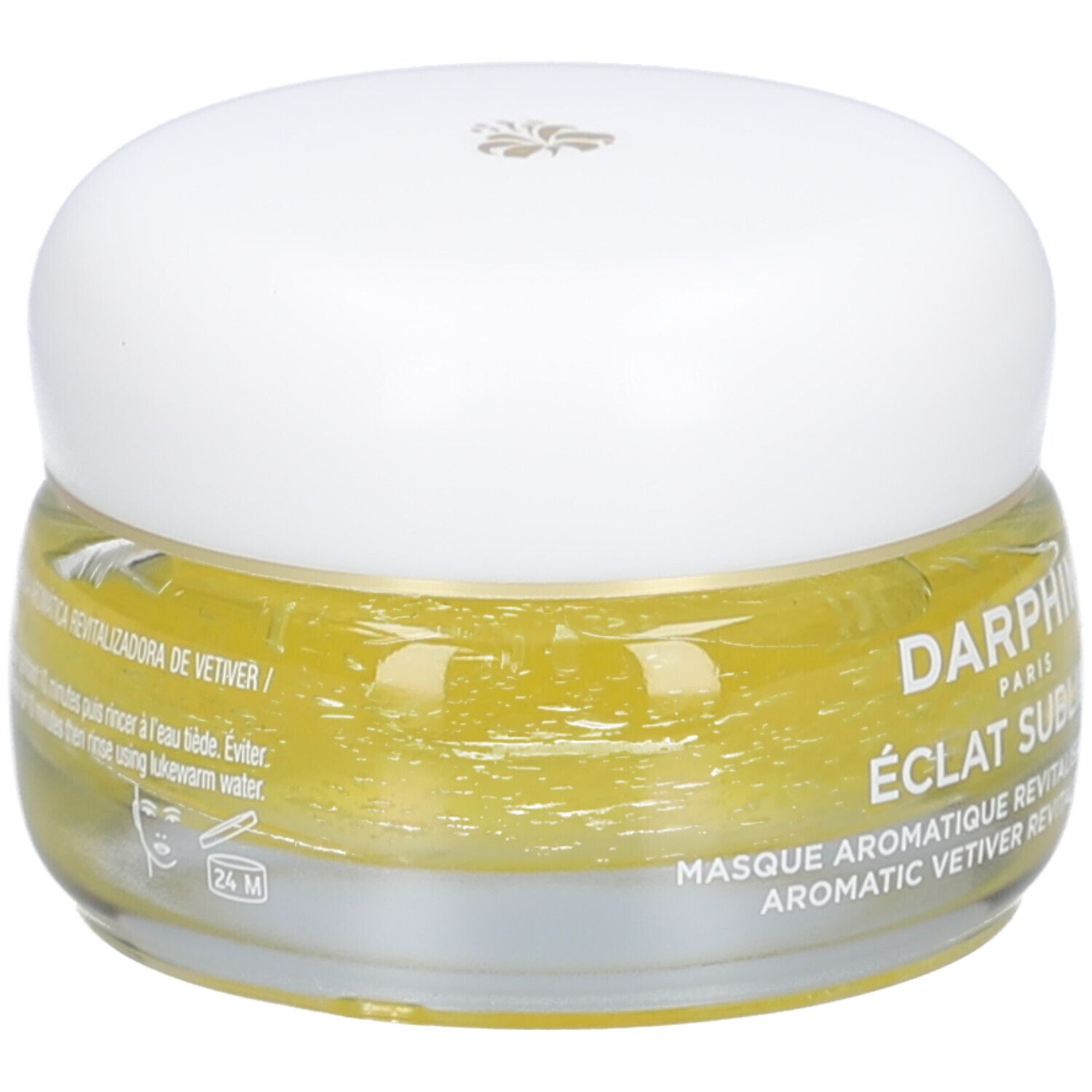 Pot en verre avec crème jaune et couvercle blanc. Texte: Mascarilla Revitalizadora de Vetiver. Symbole 24M.