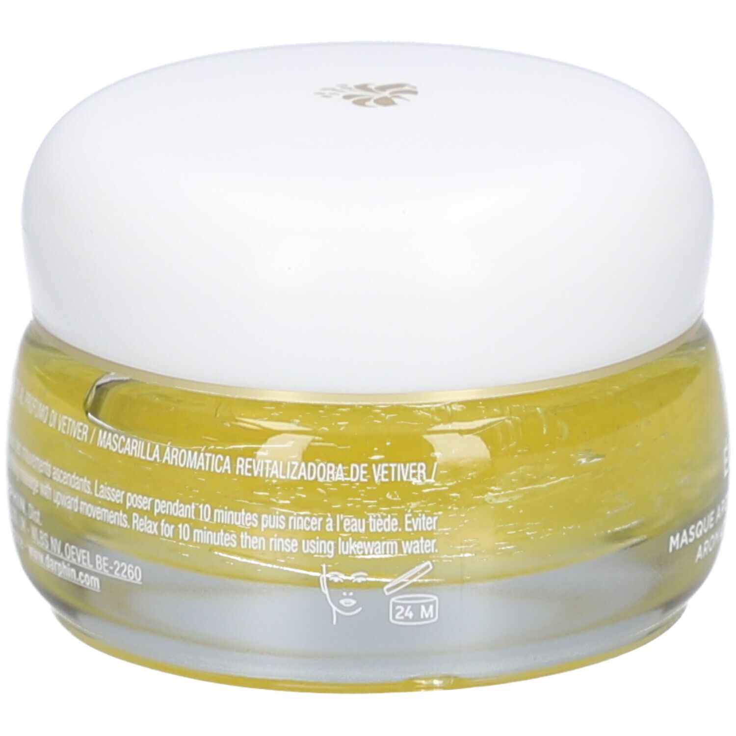 Pot en verre avec crème jaune et couvercle blanc. Texte: Maschera Aromatica Revitalizzante al Vetiver. Symbole 24M.