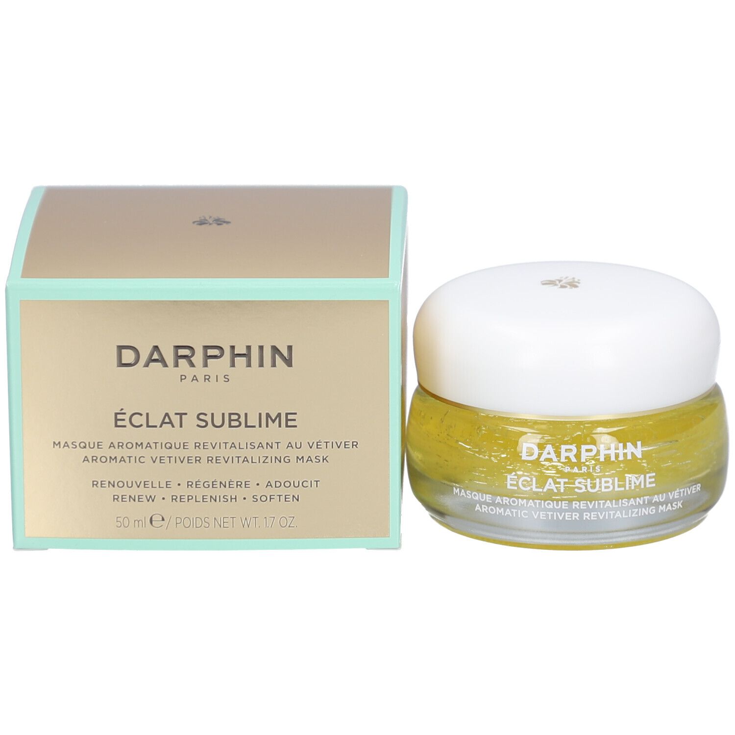 Emballage du produit et pot en verre avec crème jaune. Texte: Darphin, Éclat Sublime, 50 ml, 1.7 OZ. Avec inscription.