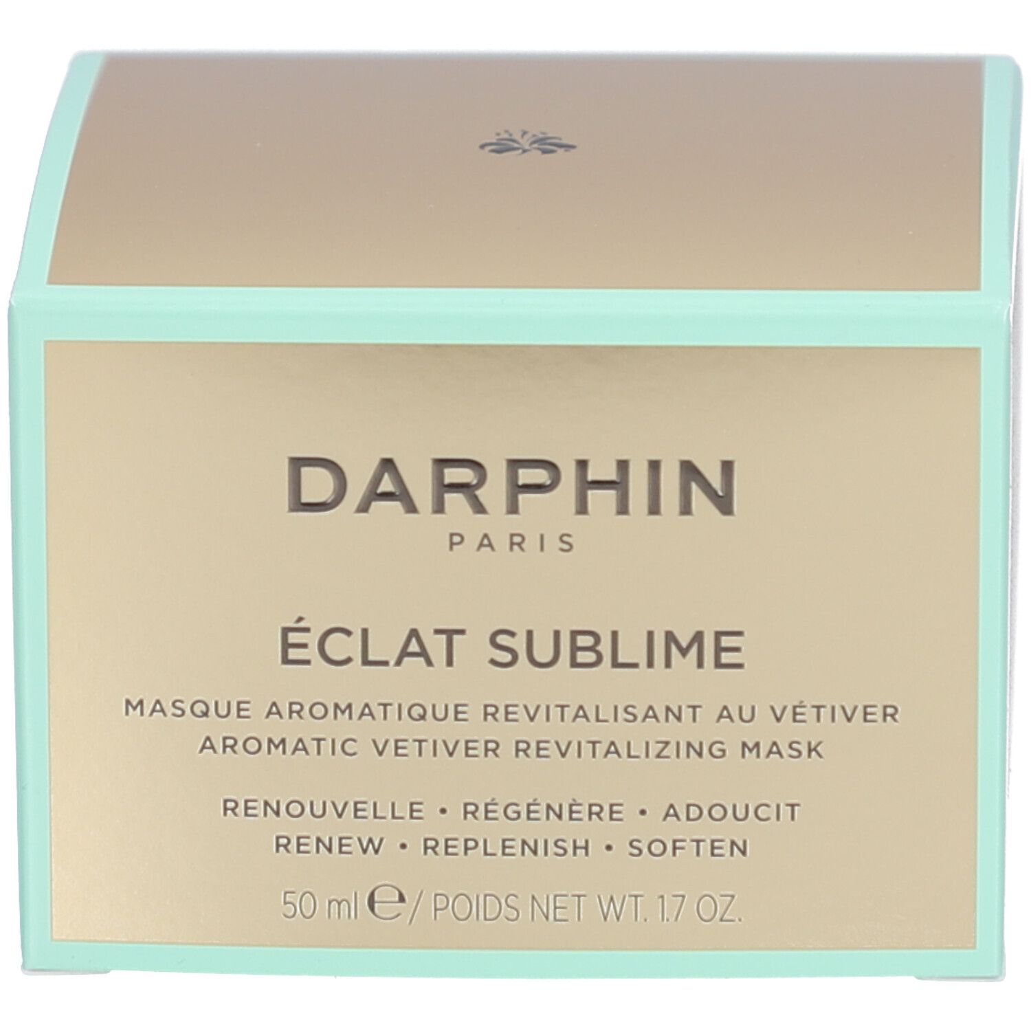 Emballage du produit. Texte: Darphin, Éclat Sublime, Masque aromatique revitalisant au vétiver. 50 ml/POIDS NET WT. 1.7 OZ.
