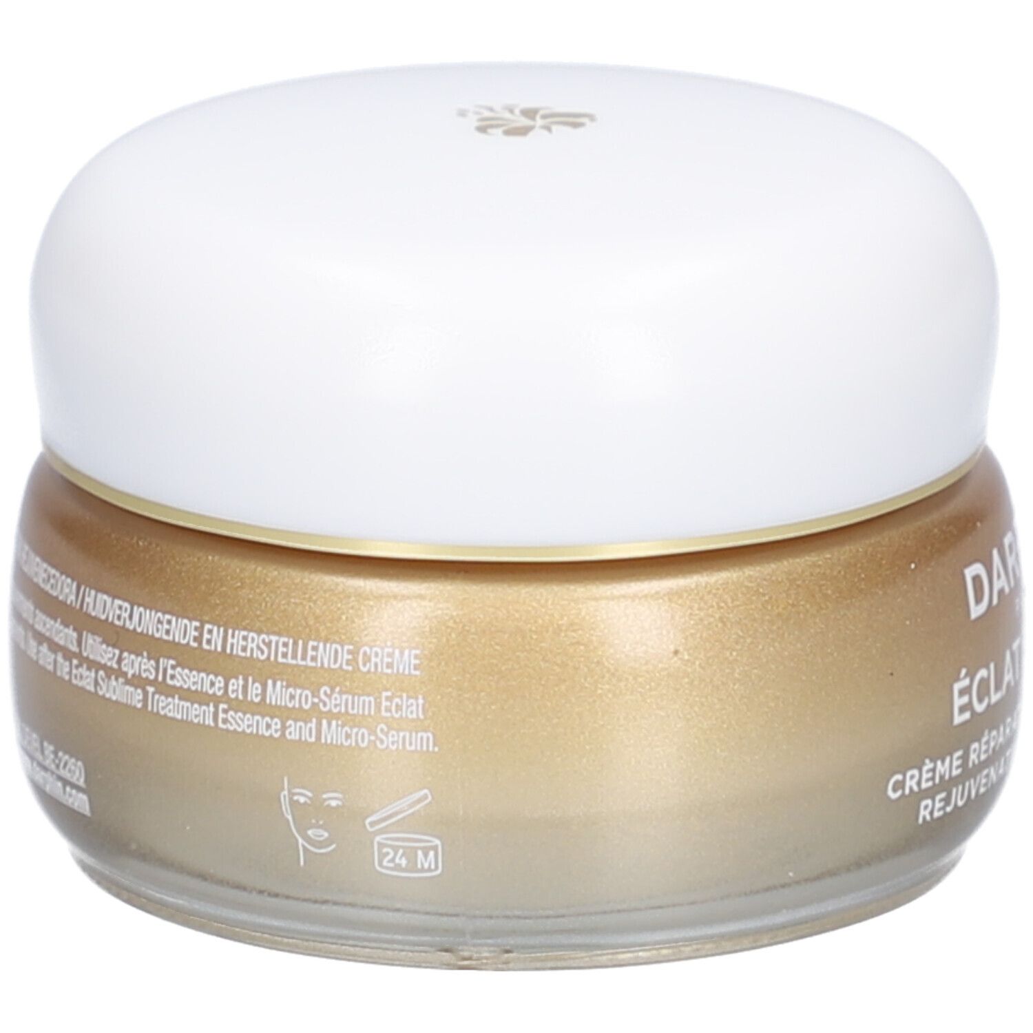 Pot de crème avec couvercle blanc. Crème dorée. Inscription: DERMAFORA ÉCLAT SUBLIME Crème Réparation Revitalisante.