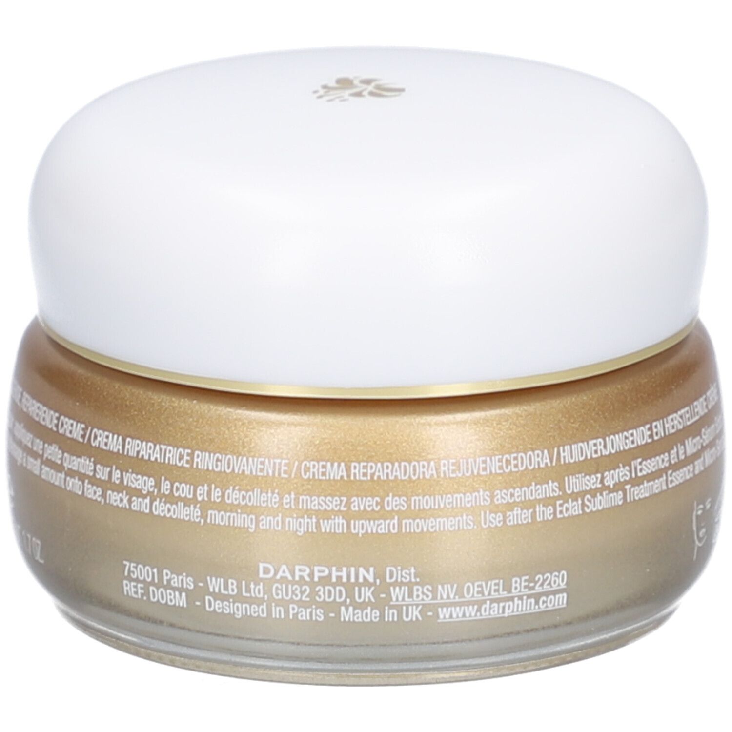 Pot de crème avec couvercle blanc. Crème dorée. Inscription: DERMAFORA ÉCLAT SUBLIME Crème Réparation Revitalisante.