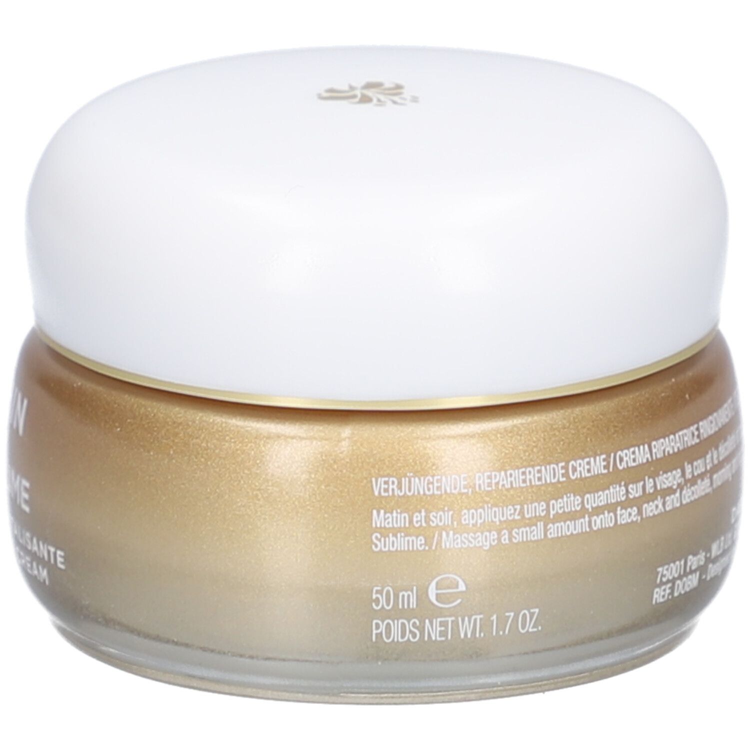 Pot de crème avec couvercle blanc. Crème dorée. Inscription: DERMAFORA ÉCLAT SUBLIME Crème Réparation Revitalisante.