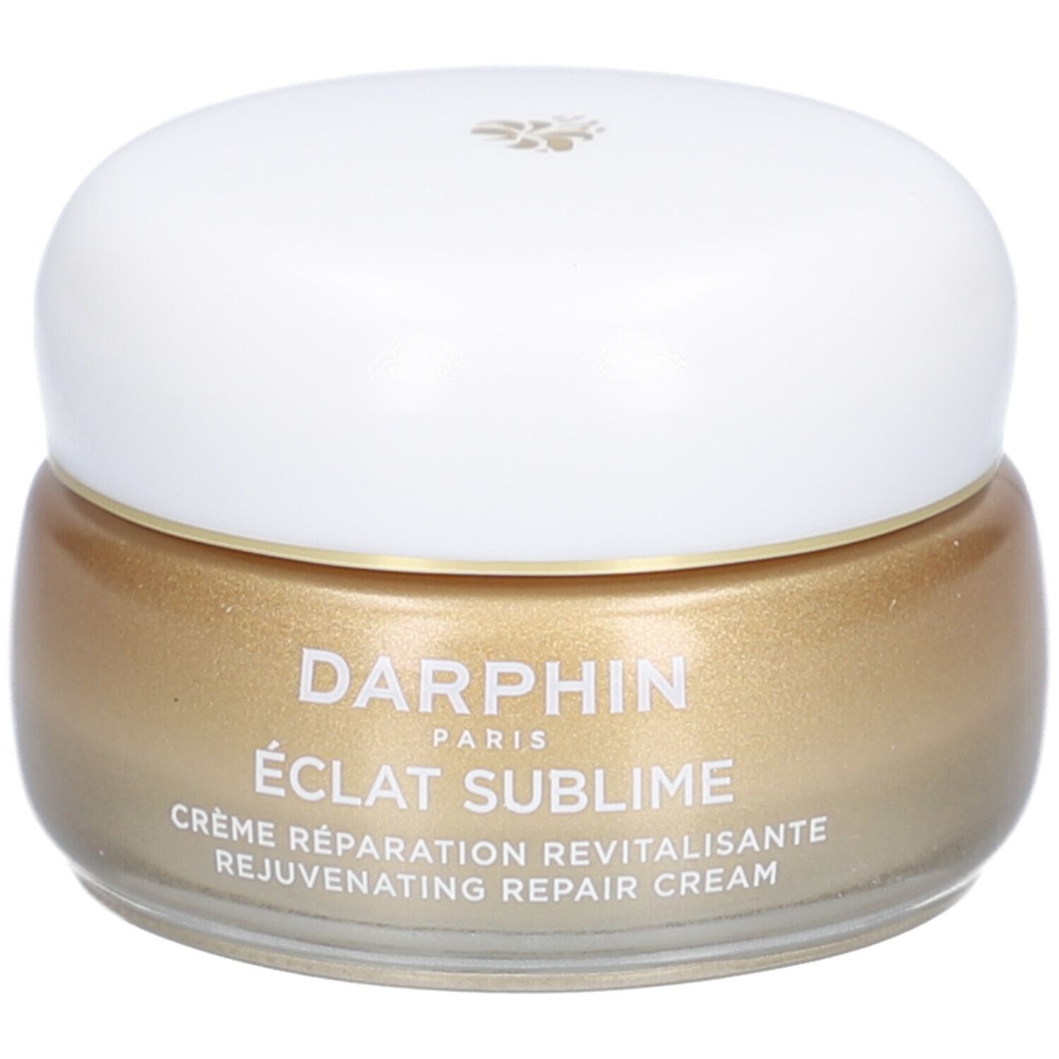 Pot de crème avec couvercle blanc. Crème dorée. Inscription: DERMAFORA ÉCLAT SUBLIME Crème Réparation Revitalisante.