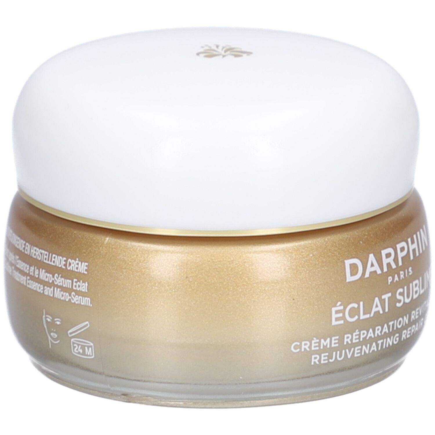 Pot de crème avec couvercle blanc. Crème dorée. Inscription: DERMAFORA ÉCLAT SUBLIME Crème Réparation Revitalisante.