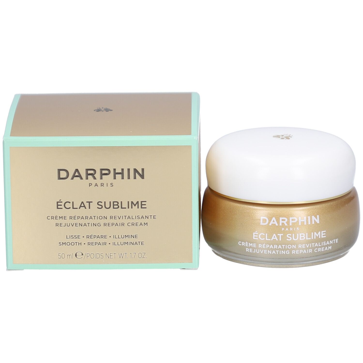 Pot de crème et boîte. Crème et boîte dorées. Inscription: DERMAFORA ÉCLAT SUBLIME Crème Réparation Revitalisante.