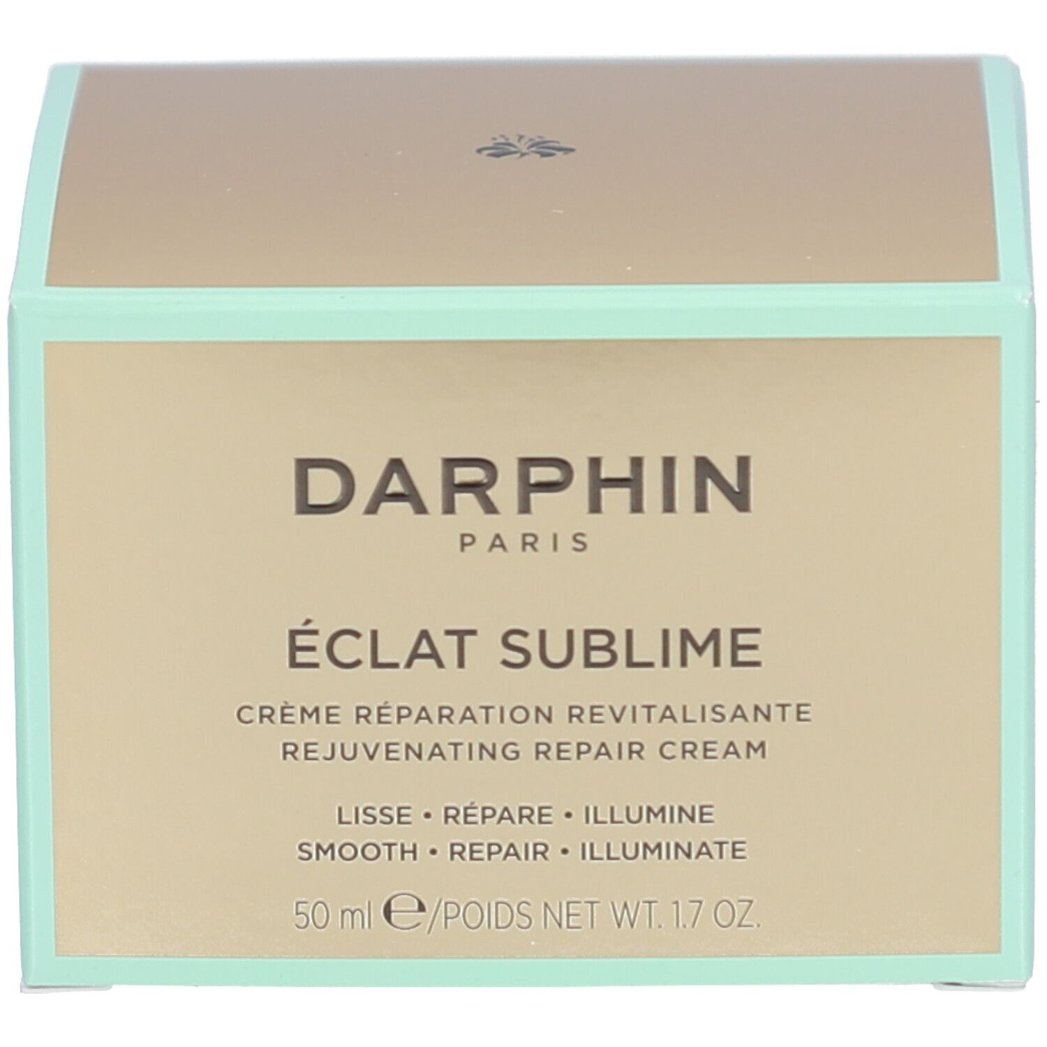 Boîte. Boîte dorée. Inscription: DERMAFORA ÉCLAT SUBLIME Crème Réparation Revitalisante.