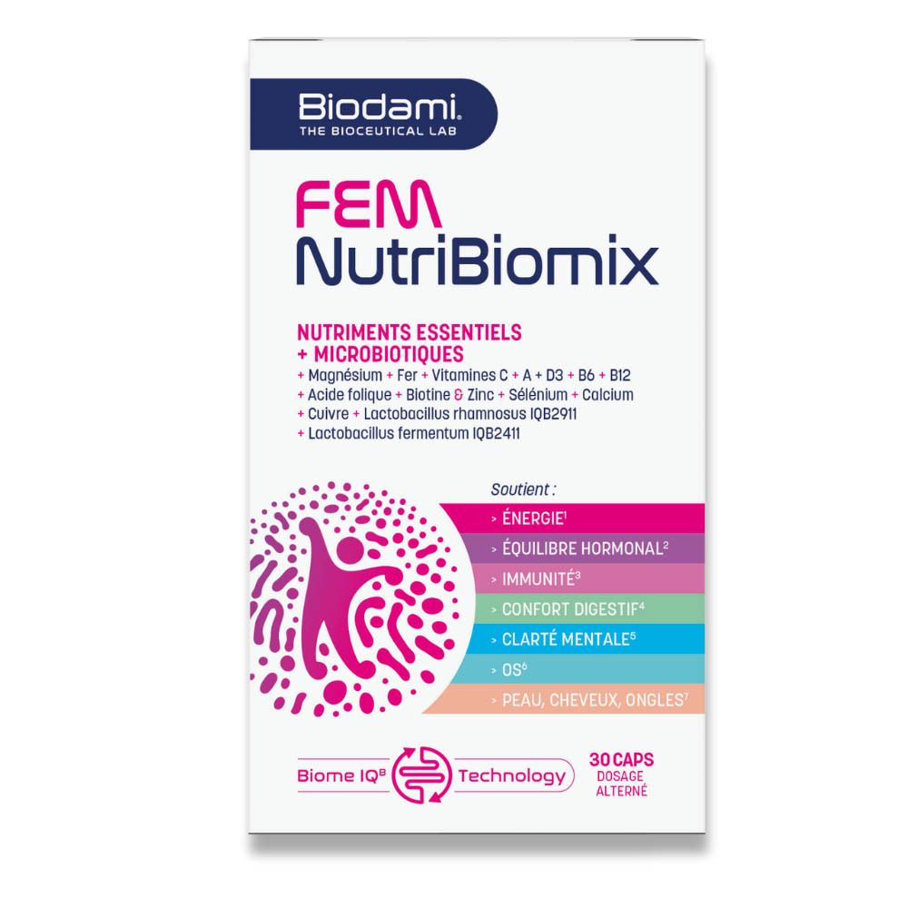Boîte FEM NutriBiomix. Nutriments essentiels et microbiotiques. 30 gélules. Deux gélules à côté.