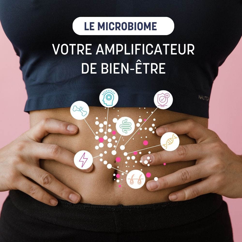 Illustration de l'intestin humain. Divers symboles et cercles autour du ventre.