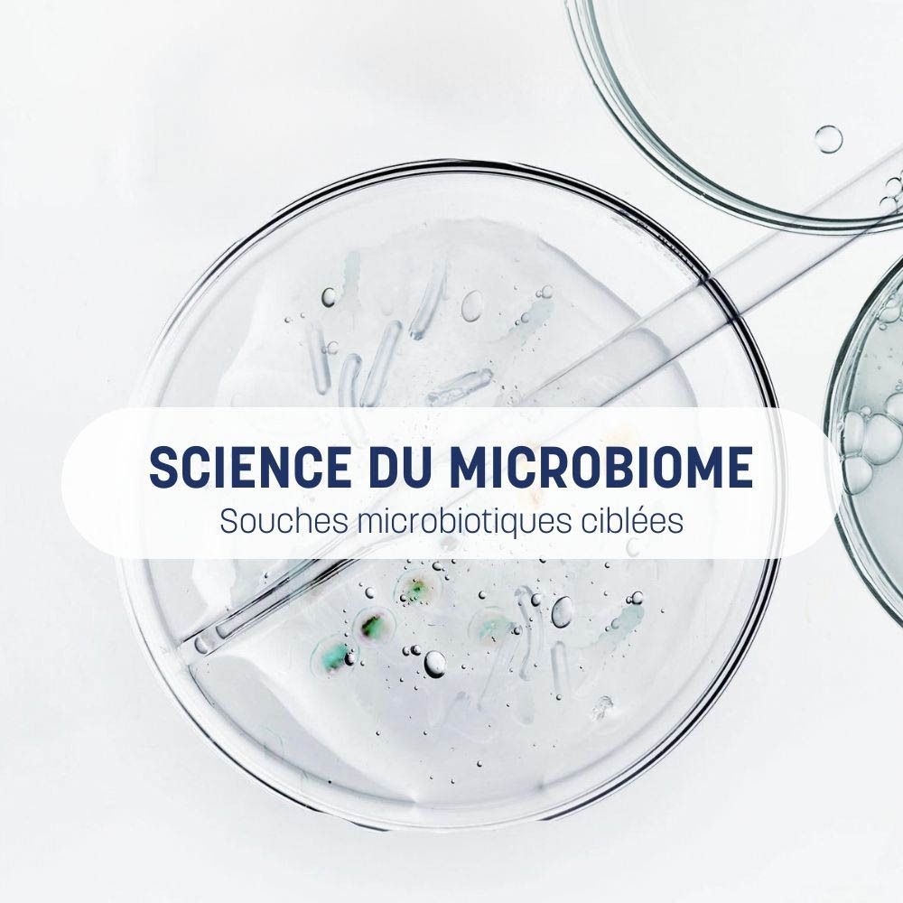 Plaques de Petri avec liquide. Texte : Science du microbiome. Souches microbiotiques ciblées.