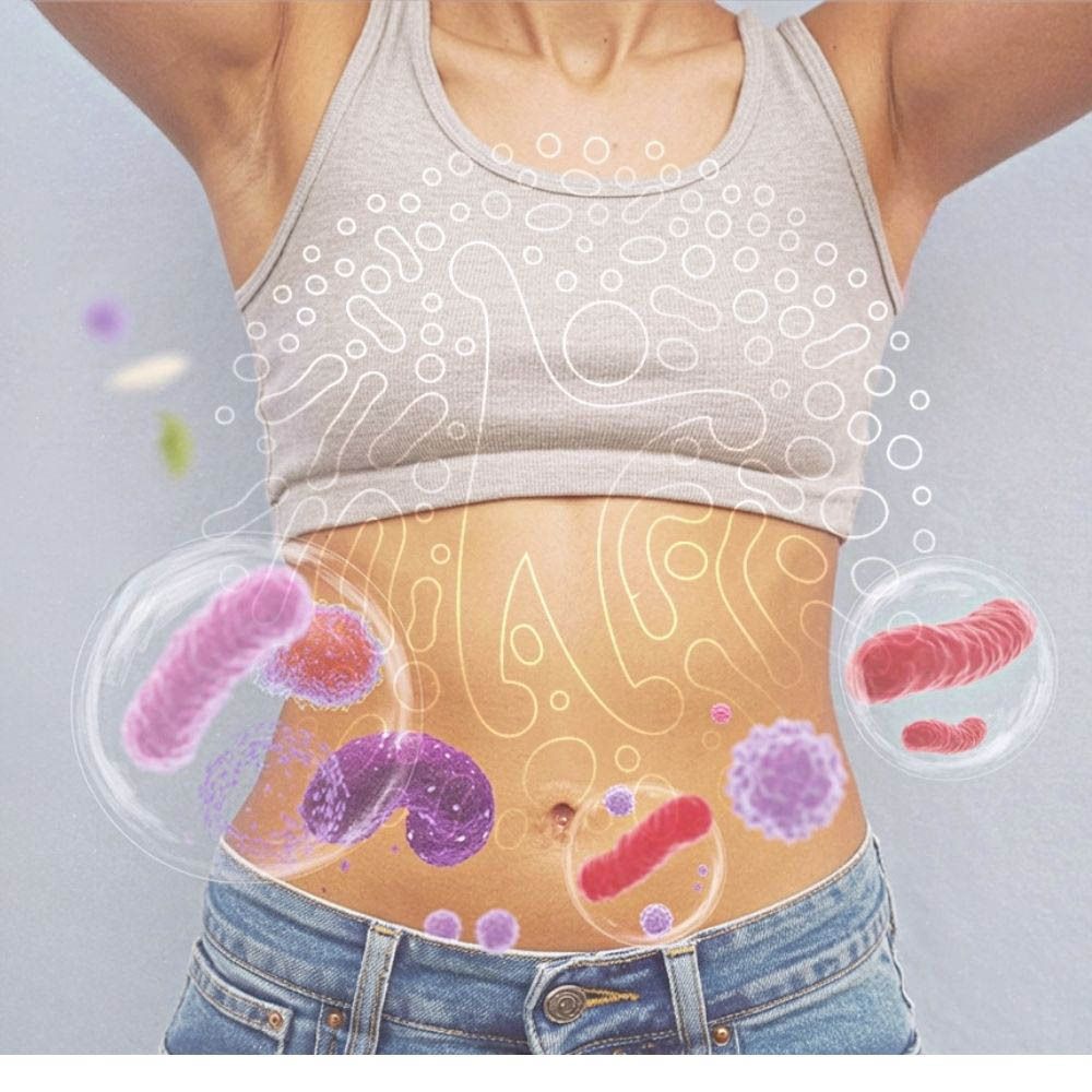 Ventre d'une personne avec symboles et cercles. Texte : Votre amplificateur de bien-être.