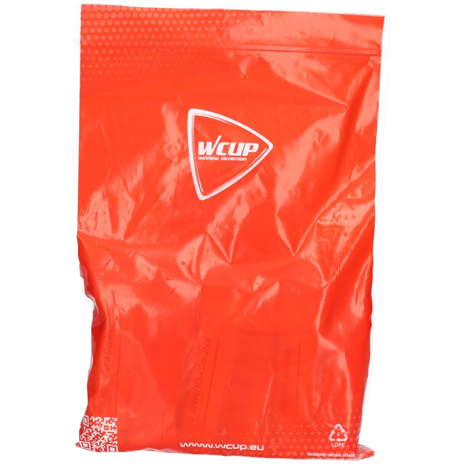 Emballage rouge avec logo Wcup. Sac en plastique avec logo blanc. Texte et code QR en bas.