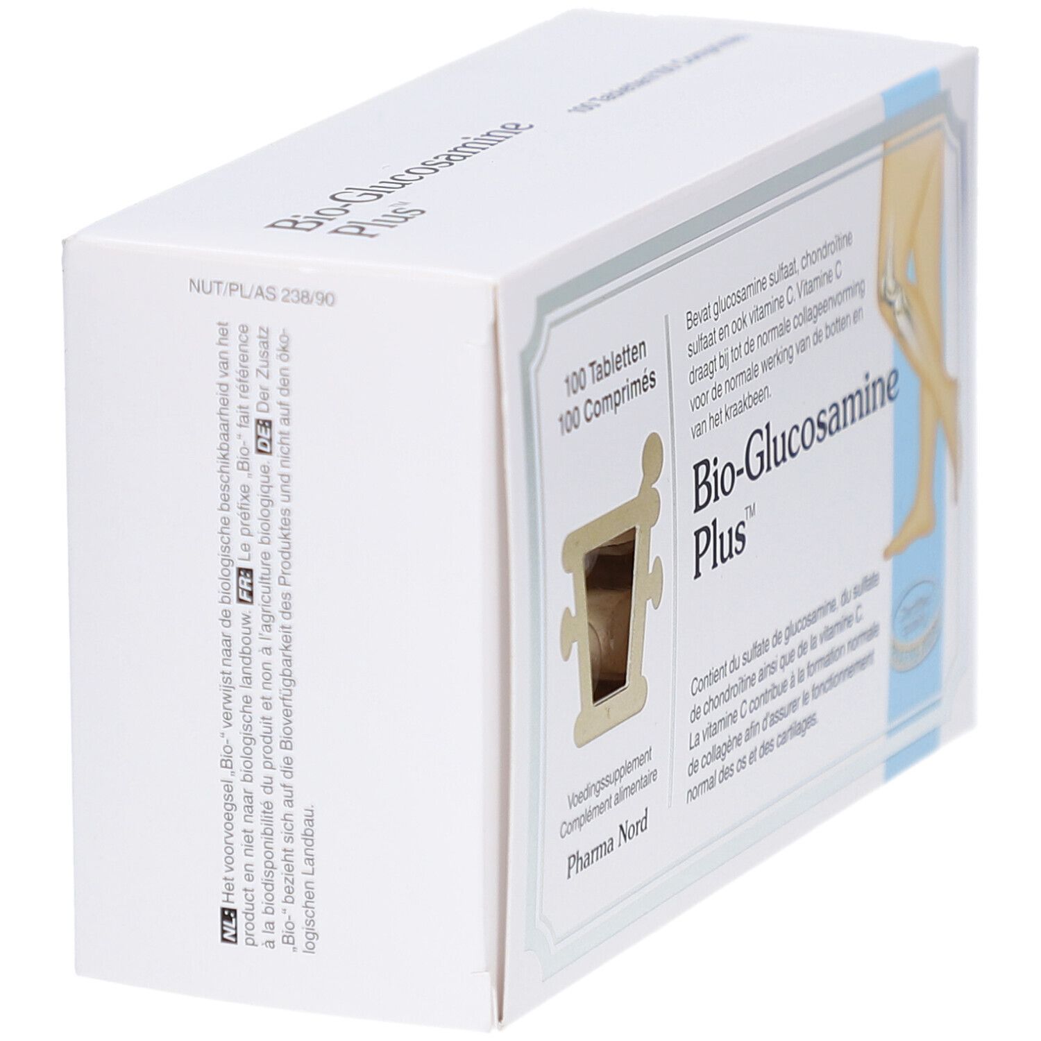 Boîte avec nom du produit et texte. Contient 100 comprimés. Logo Pharma Nord. Texte en allemand, français et néerlandais.