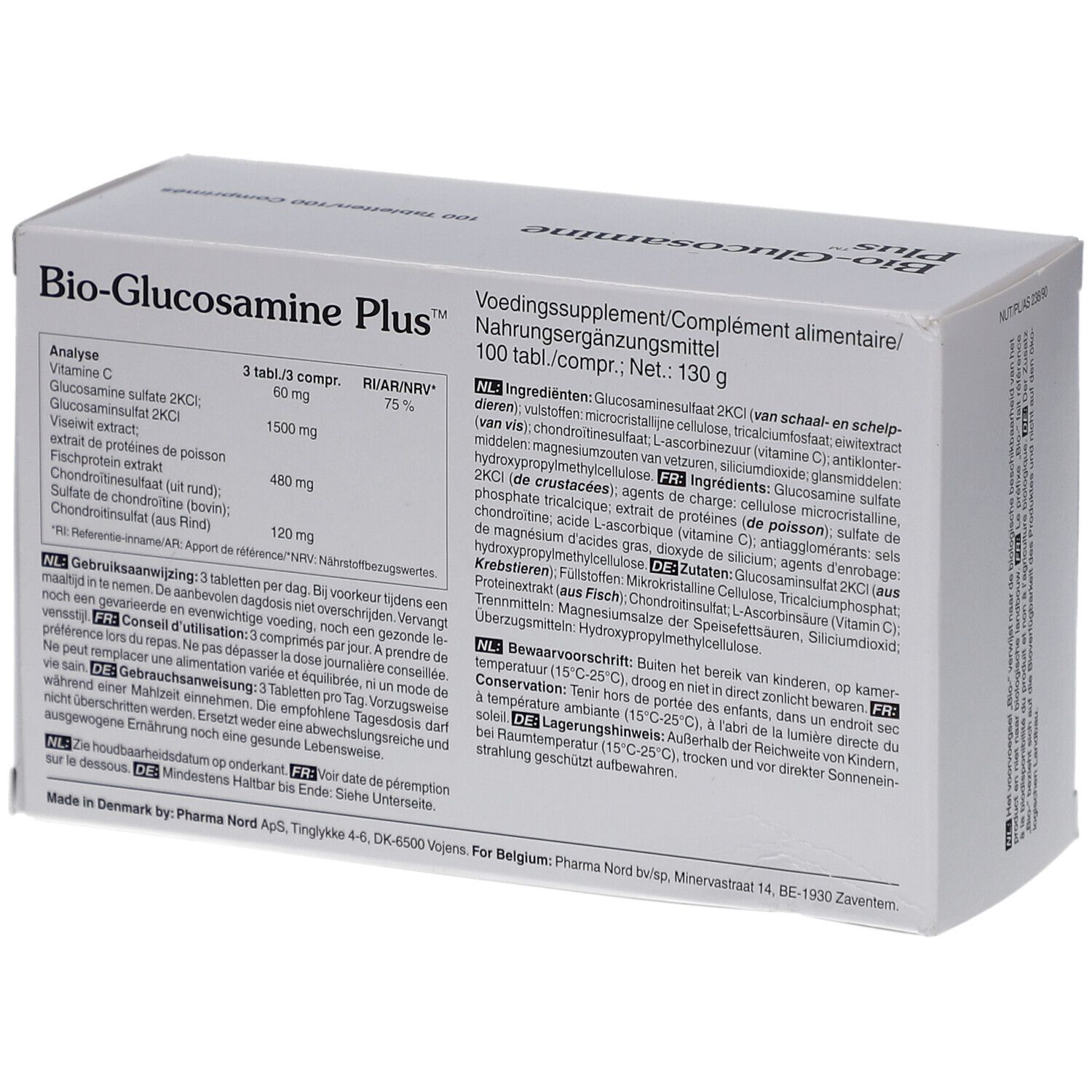 Boîte avec nom du produit et texte. Contient 100 comprimés. Ingrédients et informations nutritionnelles. Logo Pharma Nord.