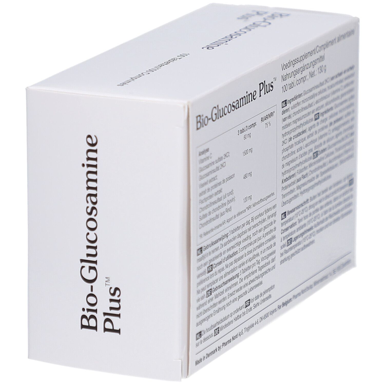 Boîte avec nom du produit et texte. Contient 100 comprimés. Ingrédients et informations nutritionnelles. Logo Pharma Nord.