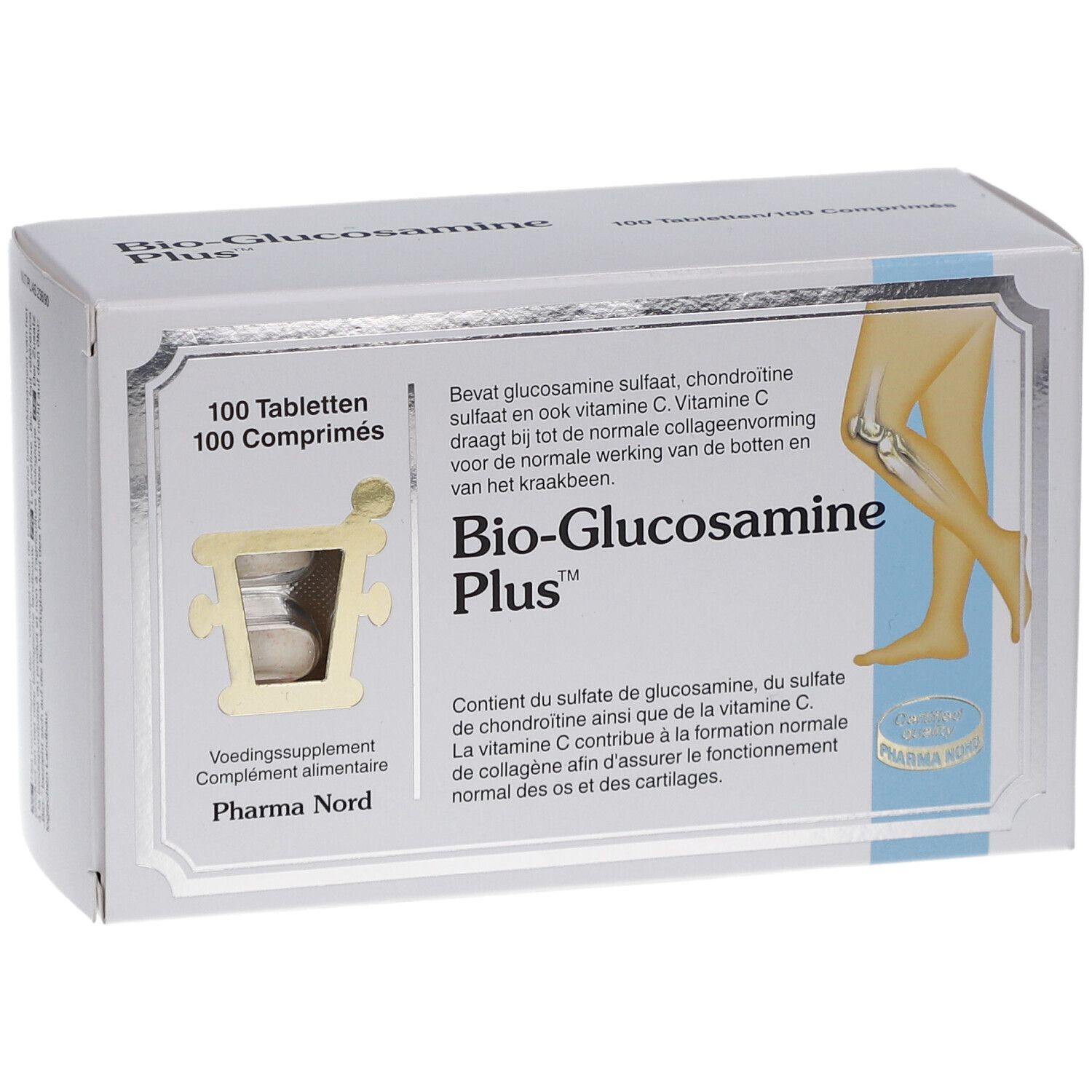 Boîte blanche avec nom du produit et illustration. Contient 100 comprimés. Logo Pharma Nord. Texte en allemand, français et néerlandais.