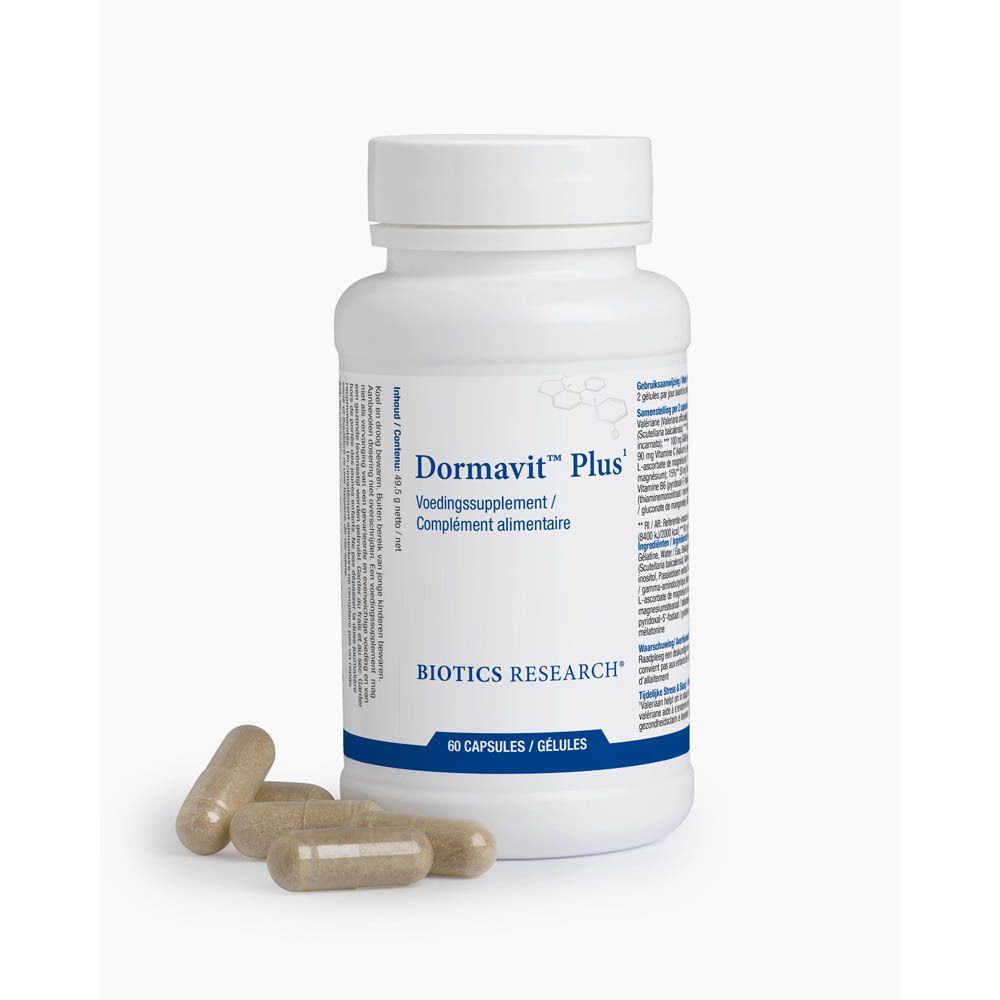 Flacon blanc Dormavit Plus, 60 gélules. Logo Biotics Research. 3 gélules à côté.