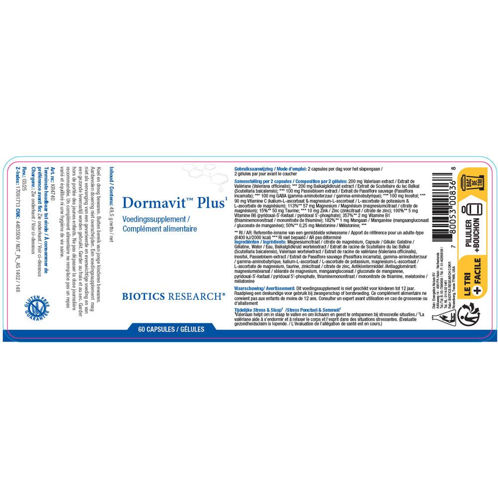 Emballage Dormavit Plus. Texte, ingrédients, code-barres. Logo Biotics Research. 60 gélules.