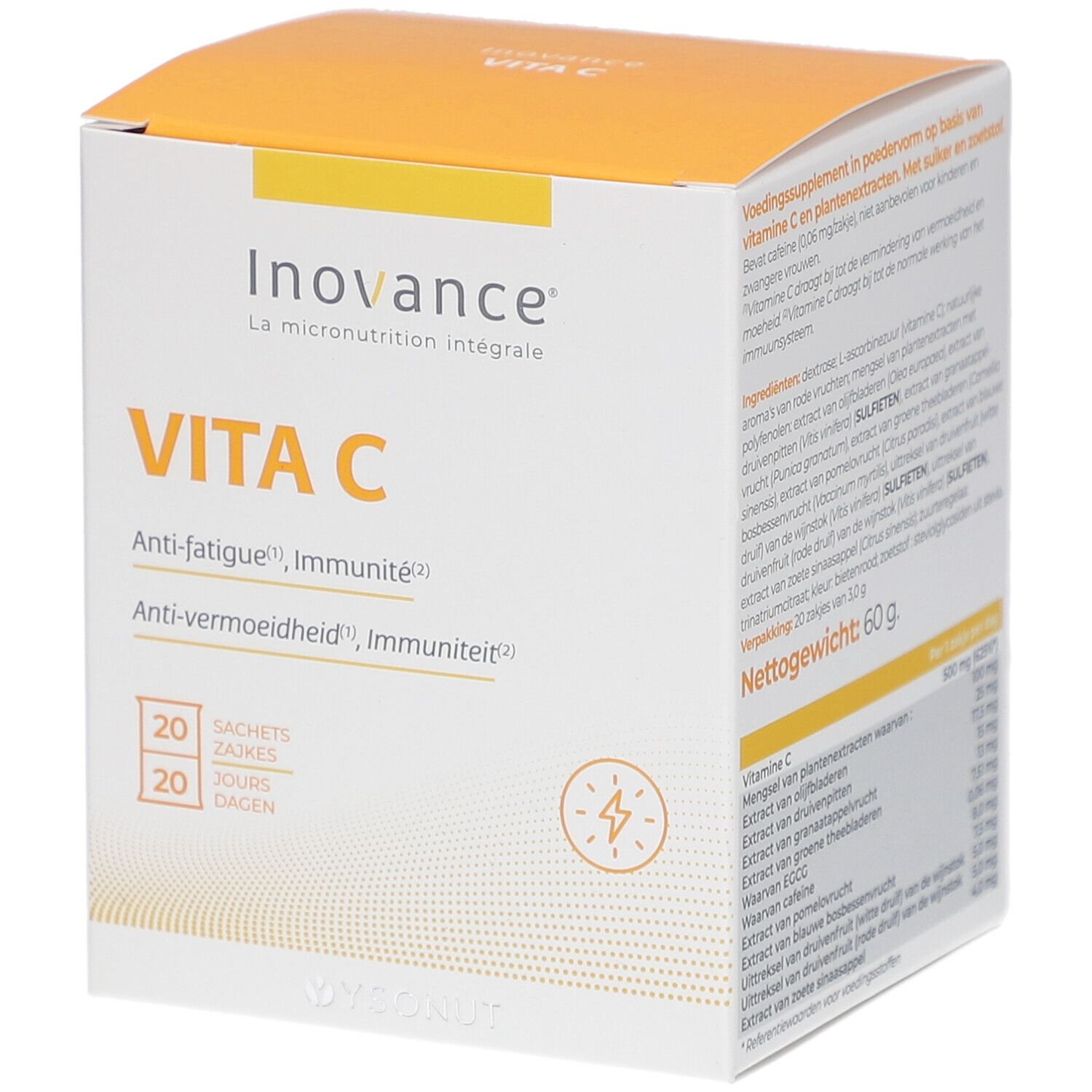 Boîte Inovance Vita C, 20 sachets. Inscriptions: Anti-fatigue, Immunité. Design orange et blanc. Contient un logo.