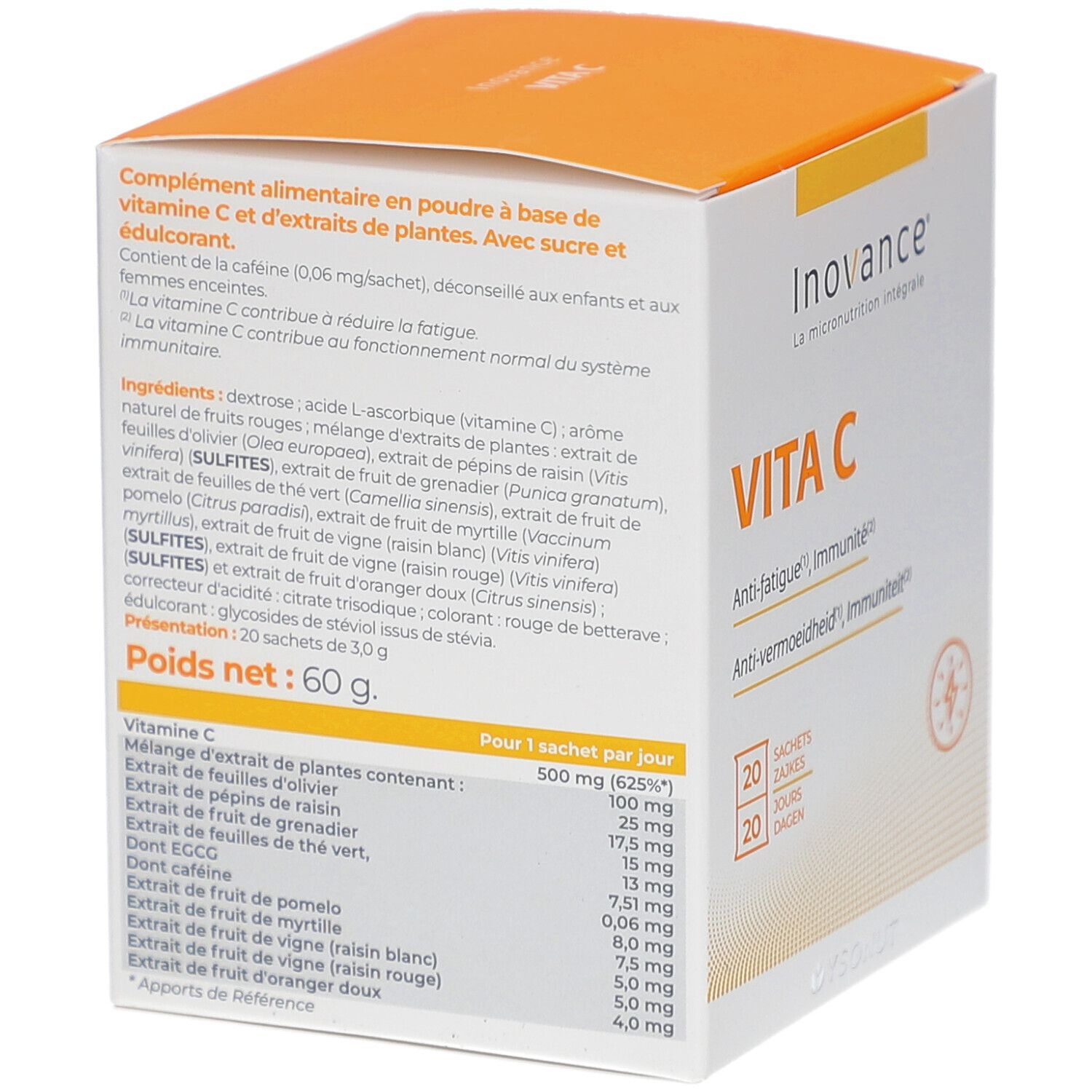 Dos de la boîte Inovance Vita C. Informations sur les ingrédients et valeurs nutritionnelles. Texte en français et néerlandais.