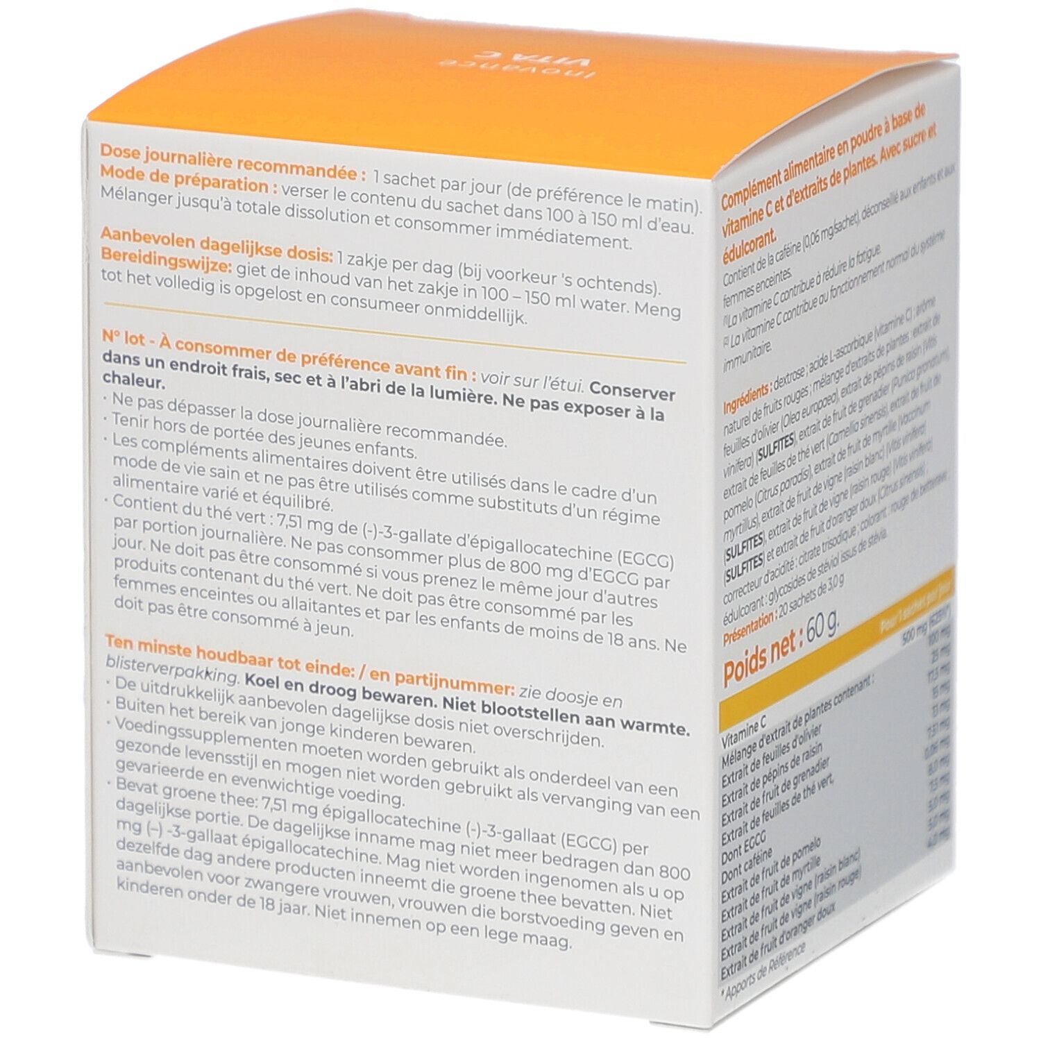 Côté de la boîte Inovance Vita C. Informations sur l'utilisation et le stockage. Texte en français et néerlandais.