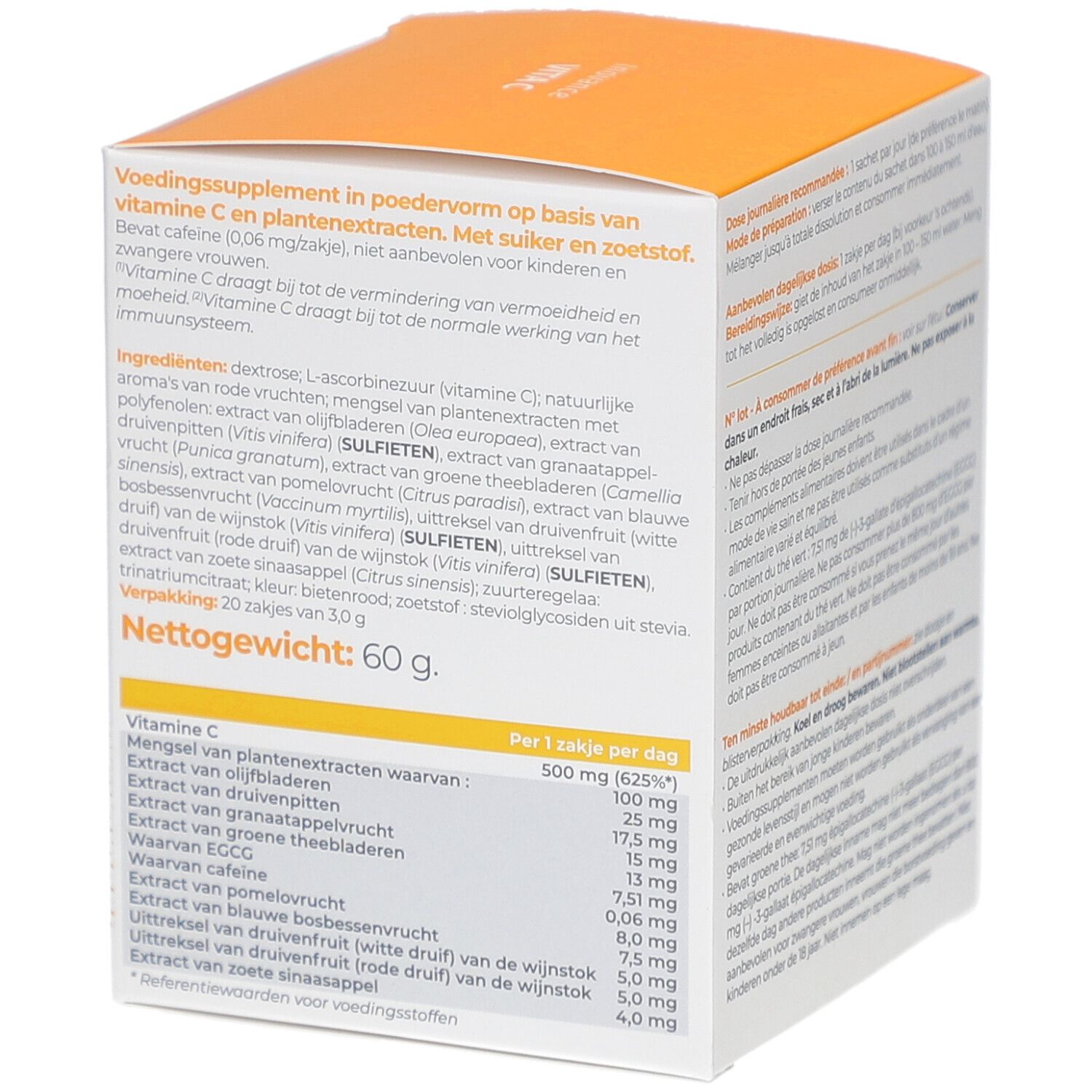 Dos de la boîte Inovance Vita C. Informations sur les ingrédients et valeurs nutritionnelles. Texte en français et néerlandais.