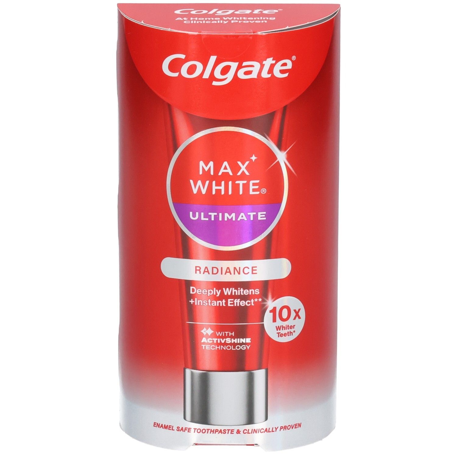 Tube de dentifrice Colgate Max White Ultimate Radiance dans un emballage rouge. Technologie ActivShine.