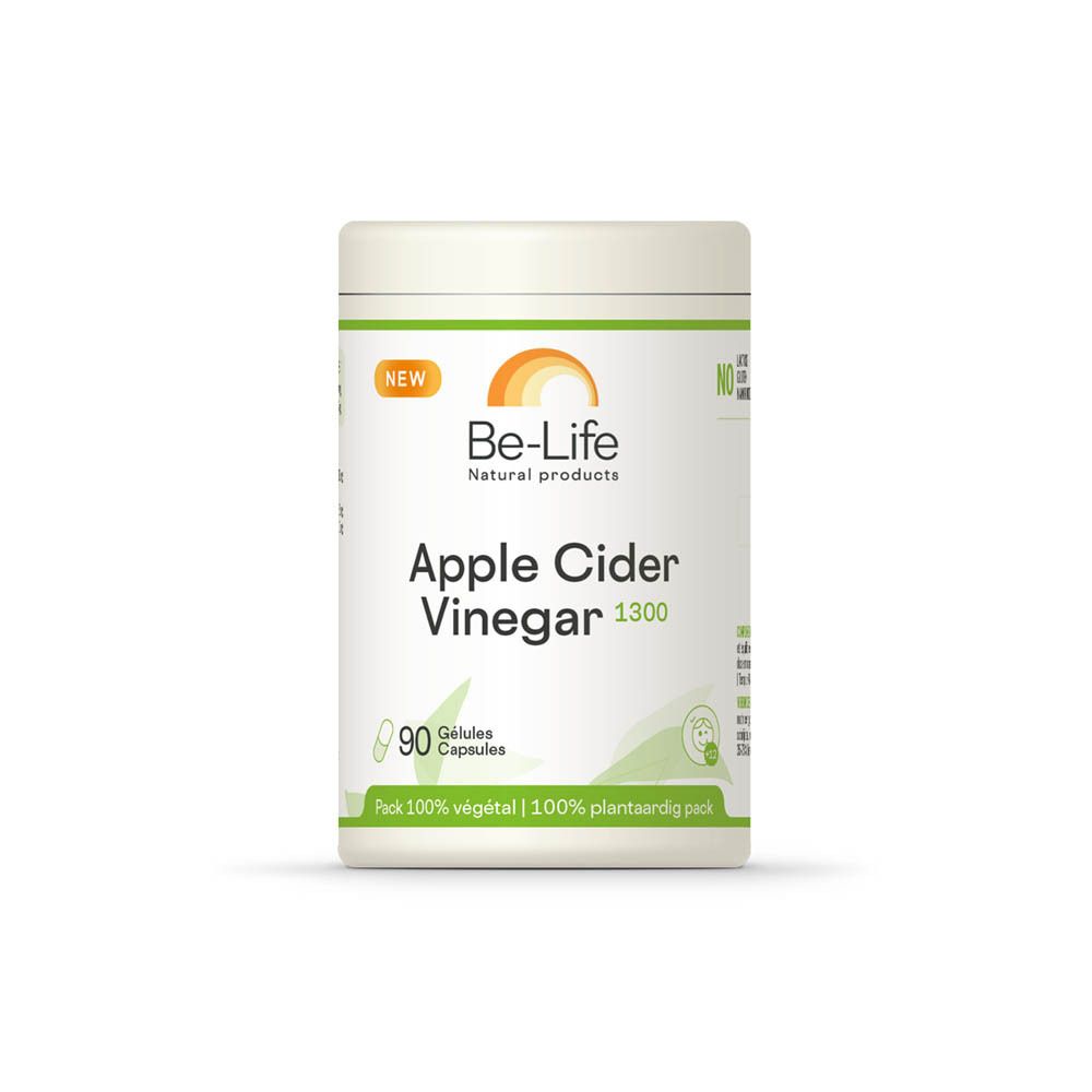 Be-Life Apple Cider Vinegar 1300. Boîte de 90 gélules. Inscription: 100% végétal. Couvercle et boîte crème.