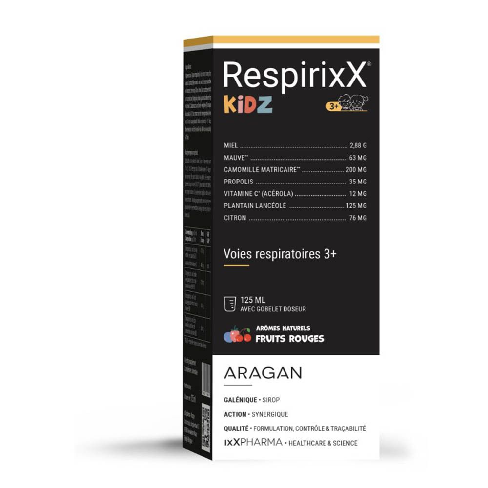 Emballage du produit. Inscription: RespirixX Kidz, Voies respiratoires 3+. Contient des ingrédients.