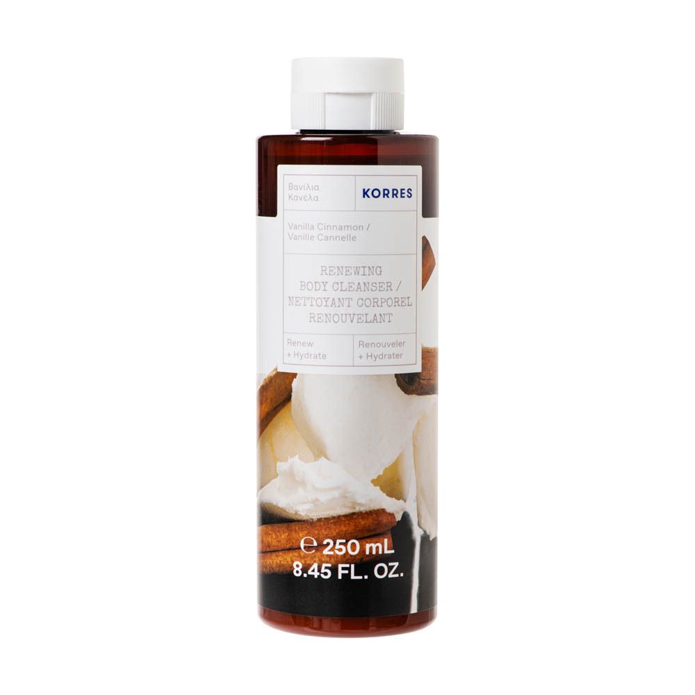 Flacon marron avec bouchon blanc. Inscription: KORRES, Vanille Cannelle, Renewing Body Cleanser. 250 ml.