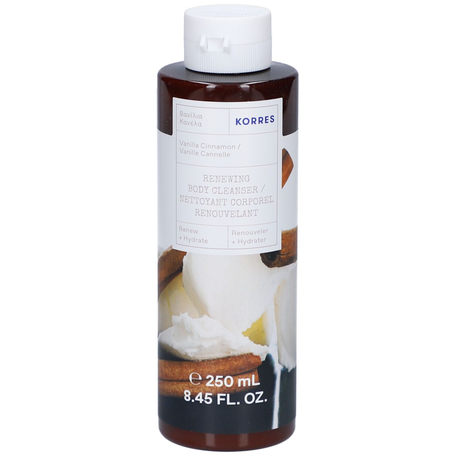 Flacon marron avec bouchon blanc. Inscription: KORRES, Vanille Cannelle, Renewing Body Cleanser. 250 ml.
