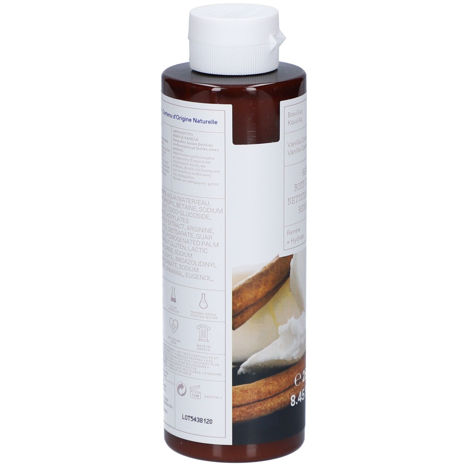 Dos du flacon marron avec bouchon blanc. Texte: Ingrédients, 86,5% d'origine naturelle. LOT5438120.