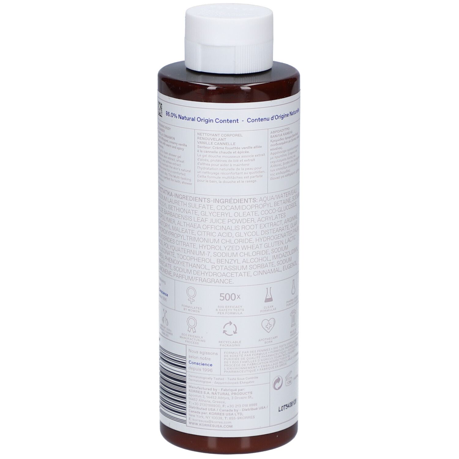 Dos du flacon marron avec bouchon blanc. Texte: Ingrédients, 86,5% d'origine naturelle. Divers symboles.