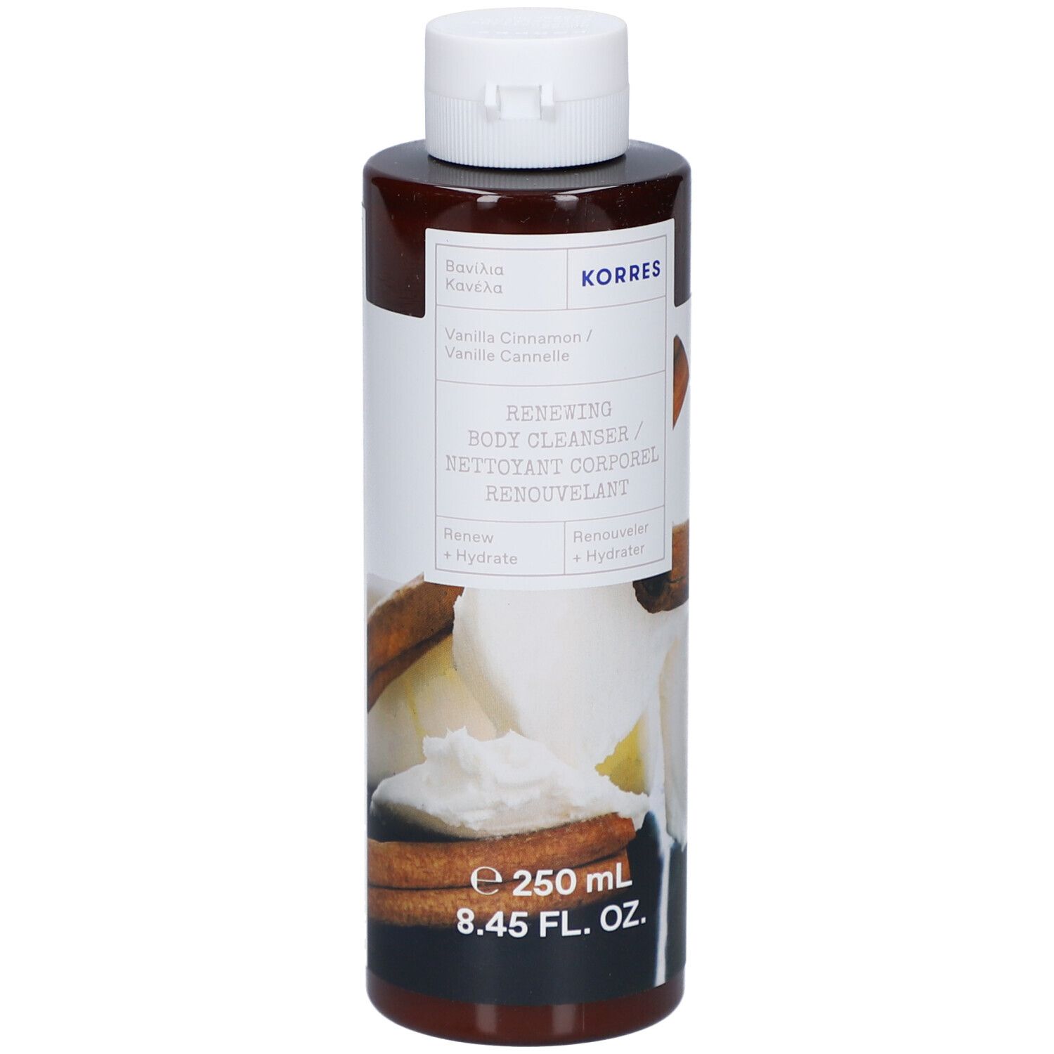 Flacon marron avec bouchon blanc. Inscription: KORRES, Vanille Cannelle, Renewing Body Cleanser. 250 ml.