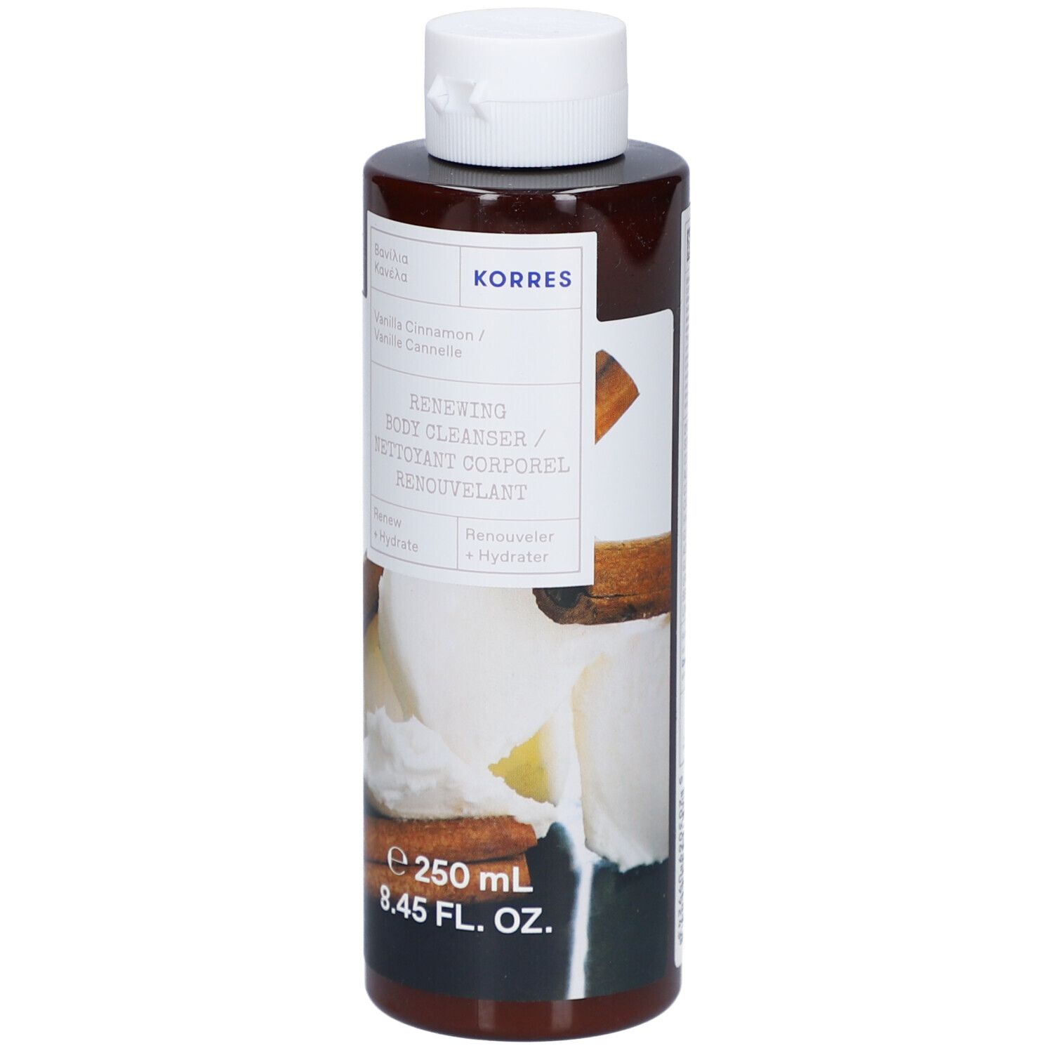Flacon marron avec bouchon blanc. Inscription: KORRES, Vanille Cannelle, Renewing Body Cleanser. 250 ml.