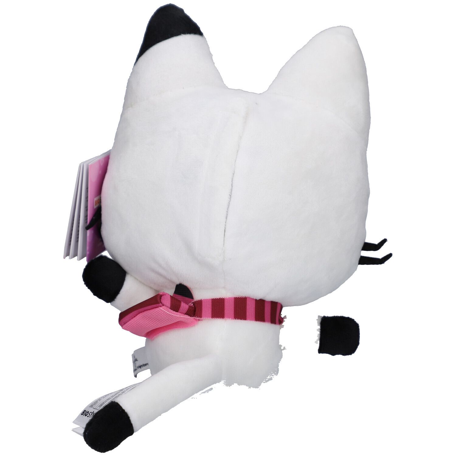 Vue arrière de la peluche blanche. Écharpe rose, pattes noires. Étiquette Biosynex.