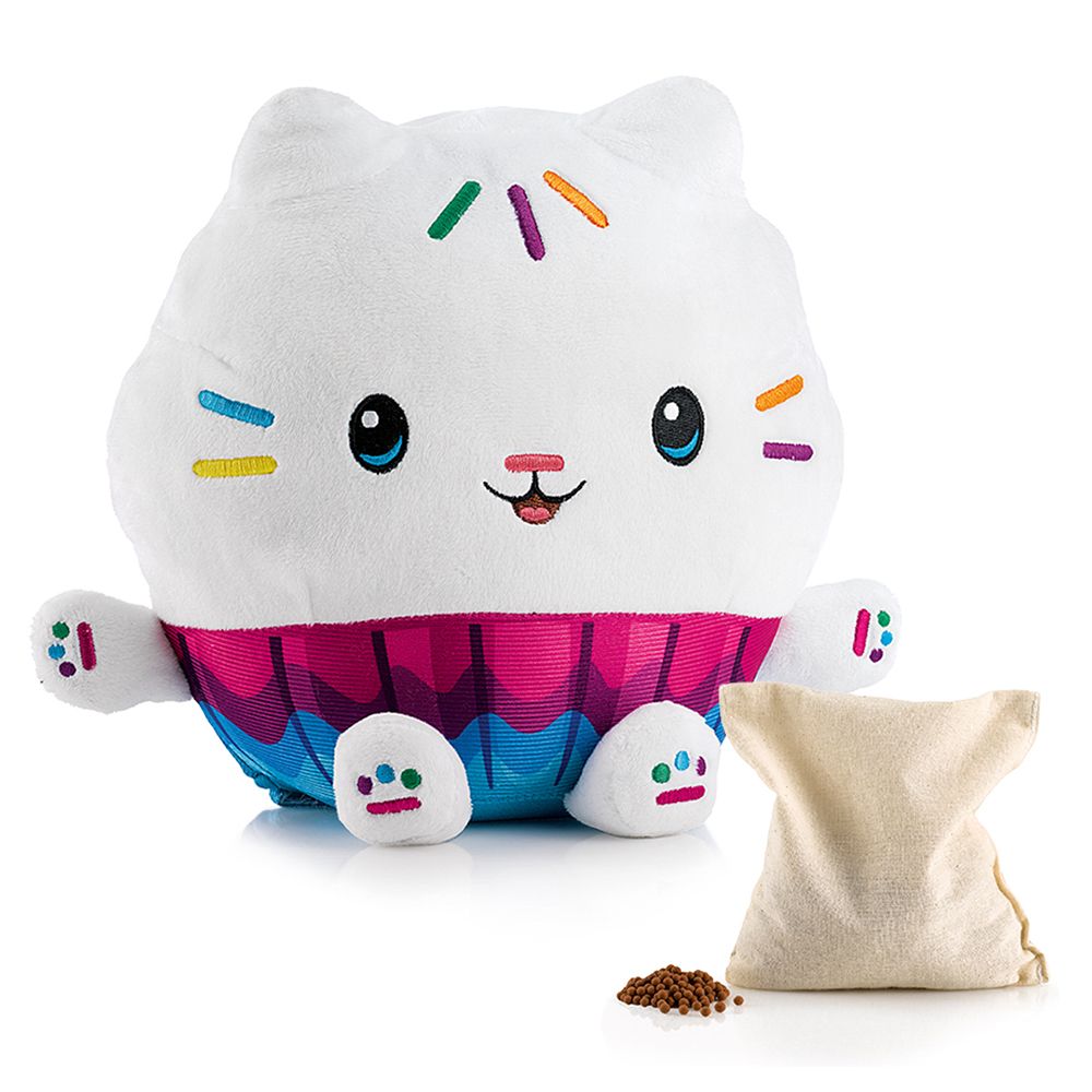 Bouillotte peluche douce blanche en forme de chat, rayures colorées, jupe rose et bleue. Contient un sachet de granulés.