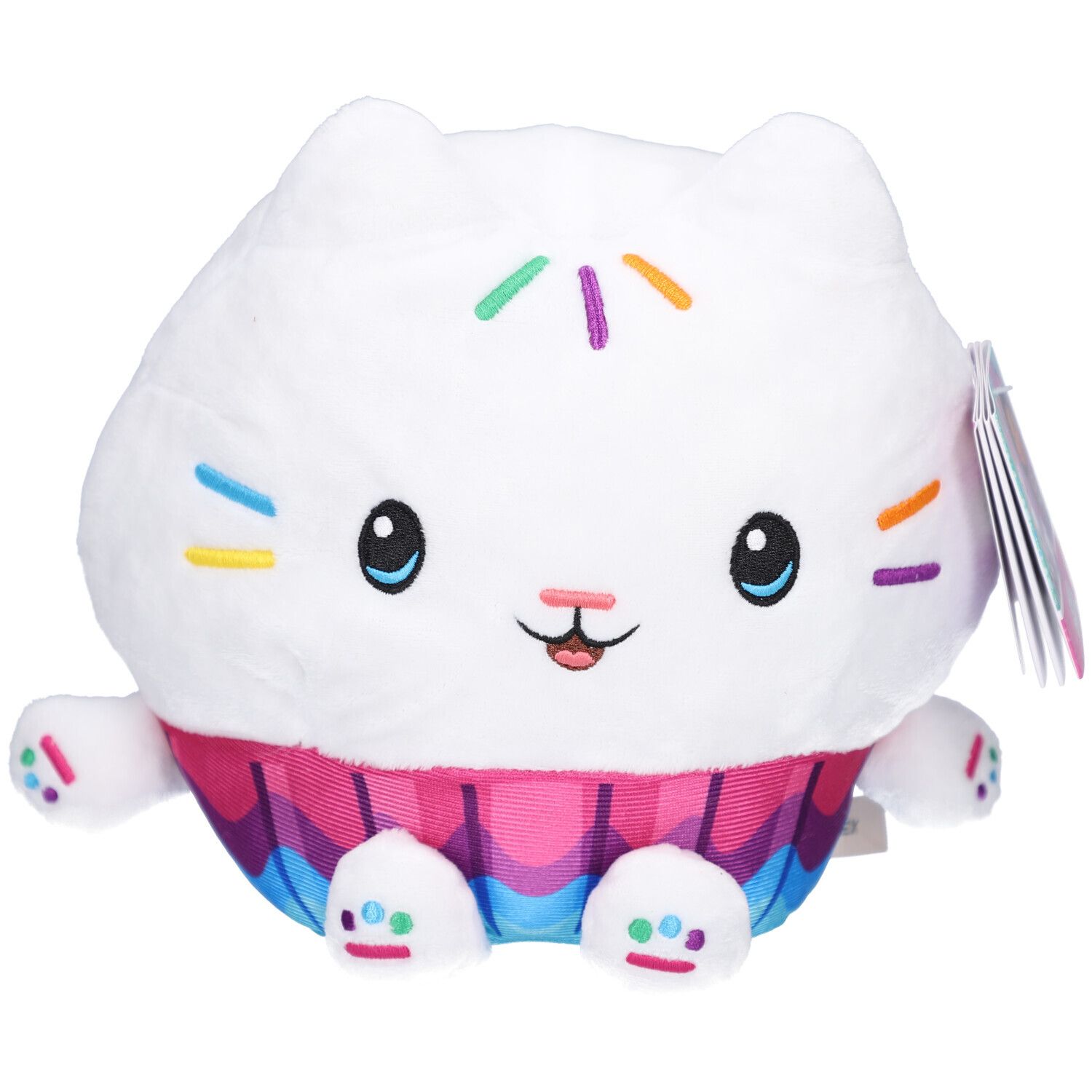 Peluche blanche en forme de chat avec décorations colorées. Partie inférieure aux couleurs de l'arc-en-ciel. Étiquette attachée.