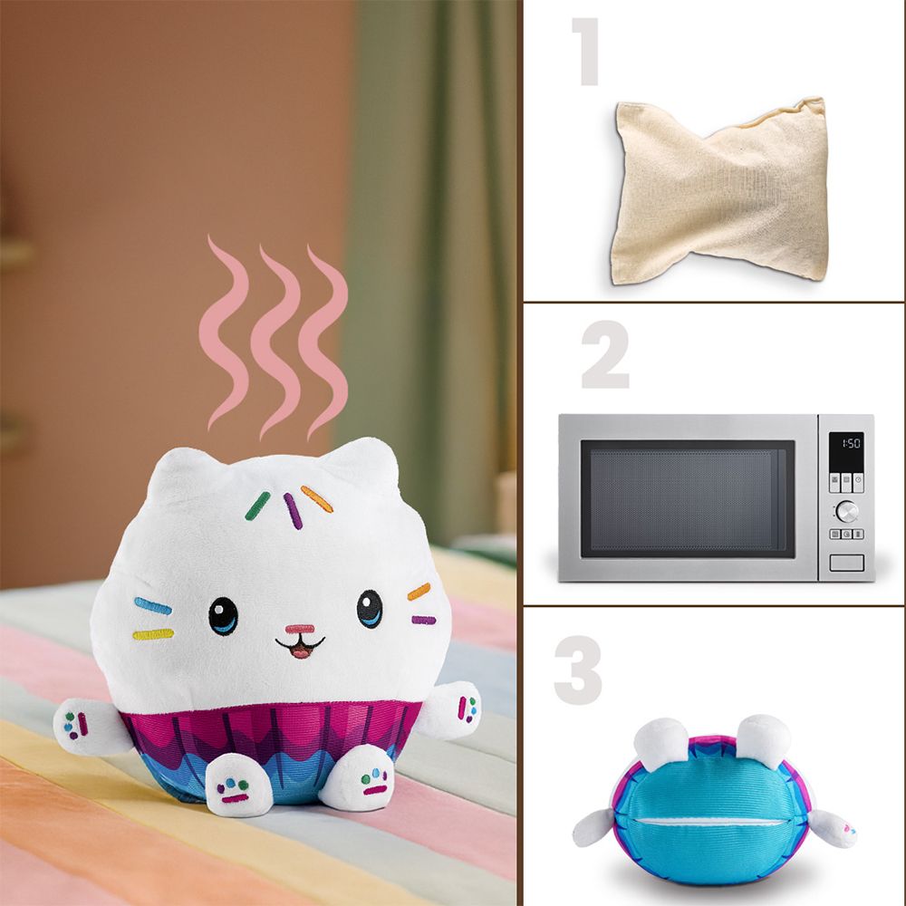 Instructions pour chauffer une bouillotte peluche blanche chat: sachet, micro-ondes, produit chauffé.