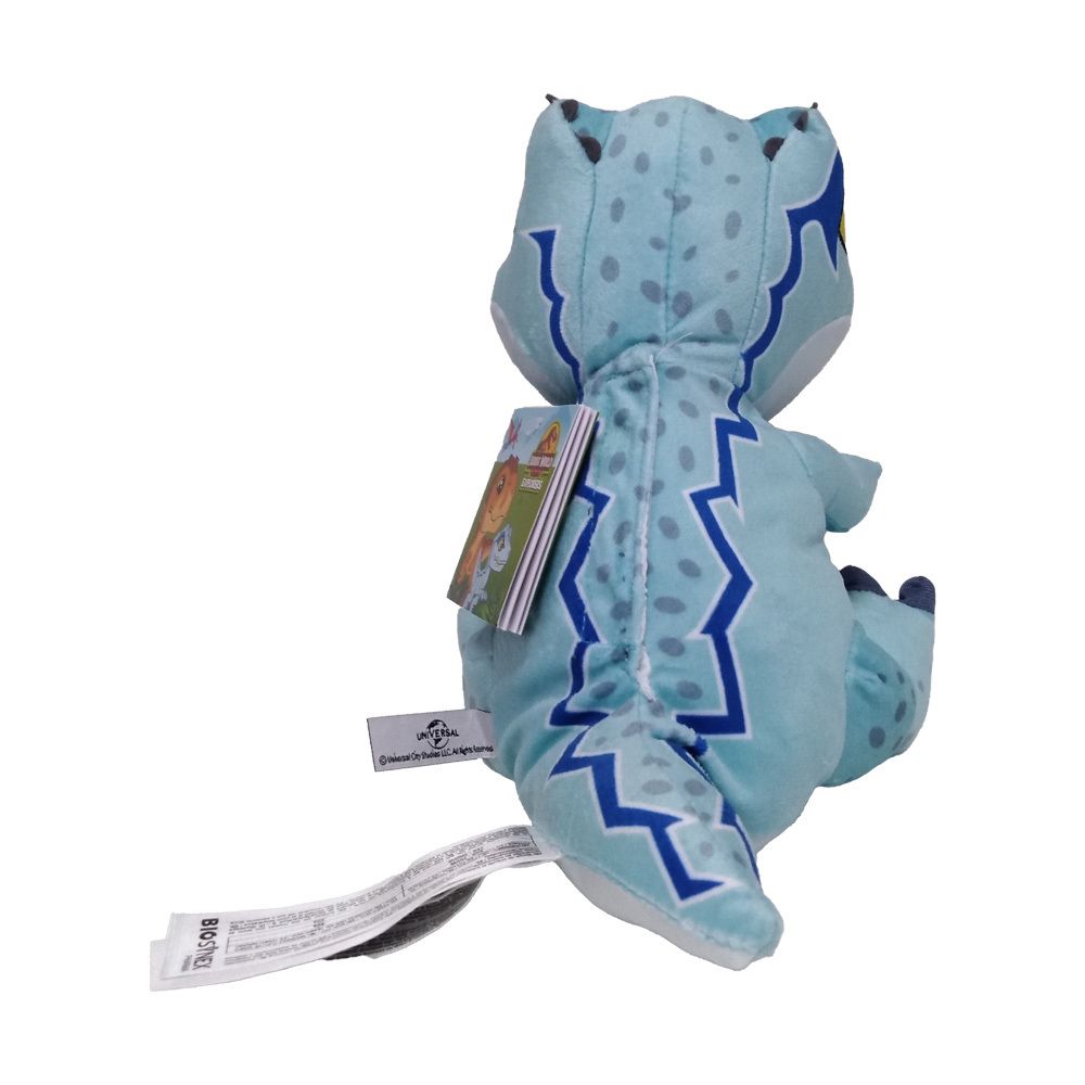 Vue arrière d'un dinosaure en peluche bleu. Détails bleu foncé sur le dos. Étiquette avec texte. Fond blanc.