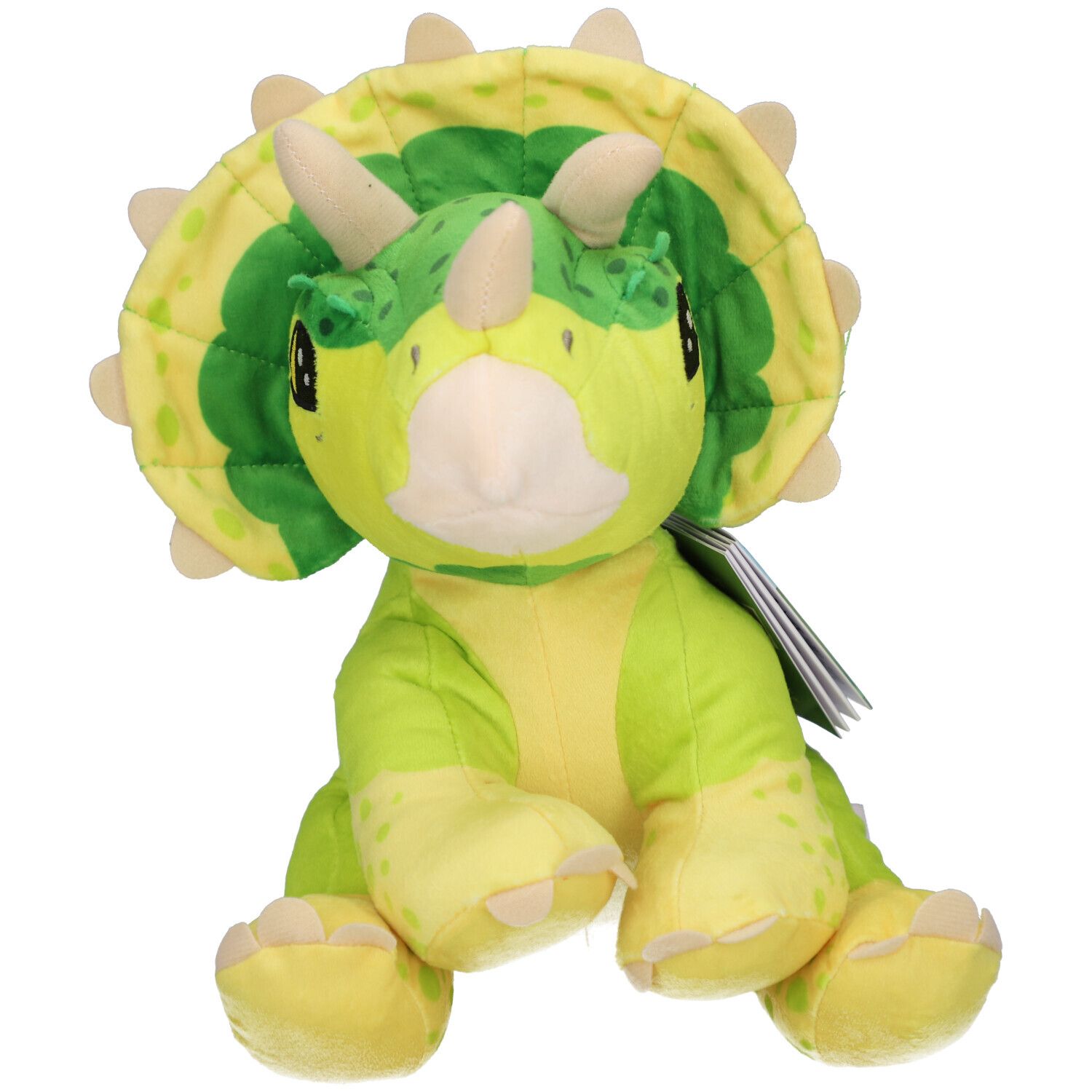 Peluche Tricératops vert et jaune. Cornes, collerette et pattes visibles. Une étiquette est attachée au produit.