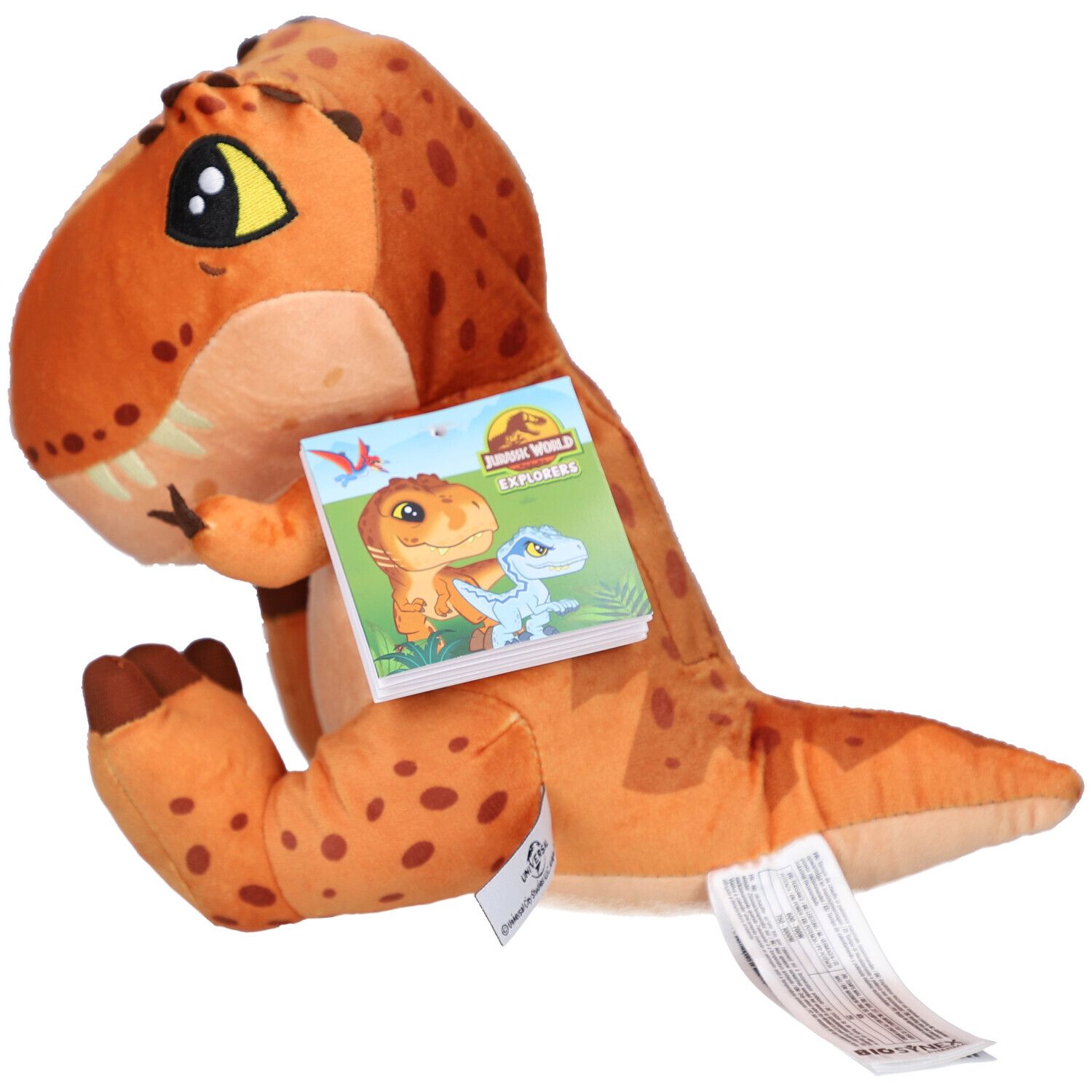 Peluche T-Rex orange avec des taches marron. Une étiquette avec logo et image est attachée au produit.