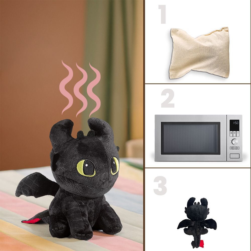Dragon noir en peluche avec instructions de chauffage : sac, micro-ondes, dragon.