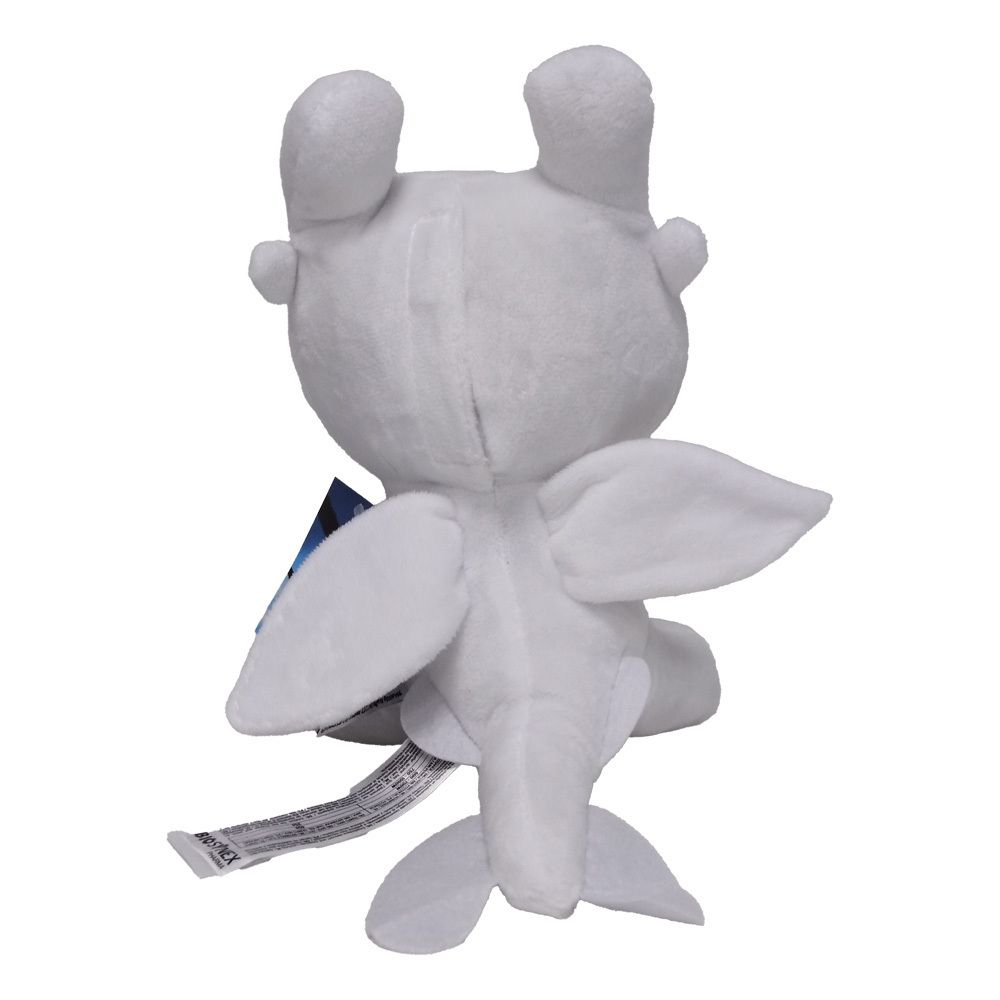 Vue arrière du peluche blanc. Ailes, queue, oreilles visibles. Étiquette au dos.