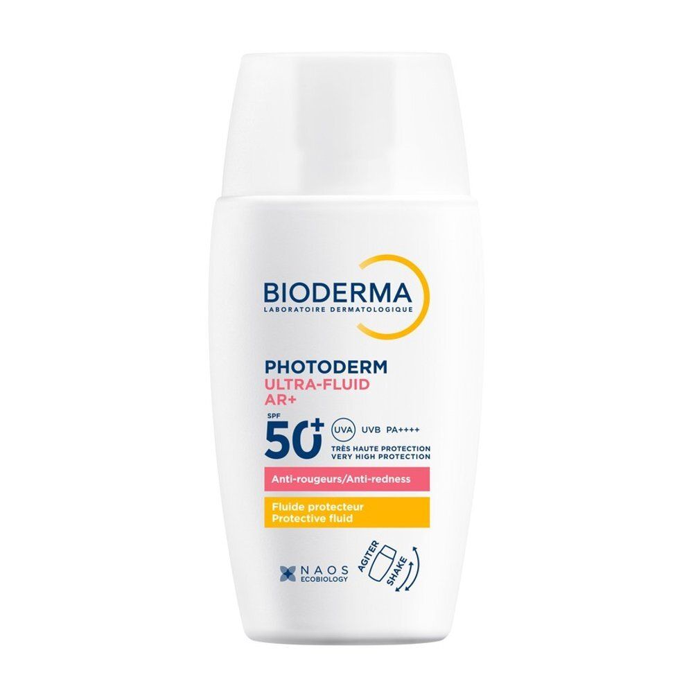 Boîte jaune. Inscription: Bioderma, Photoderm Ultra-Fluid AR+, SPF 50+. Anti-rougeurs. 40 ml.