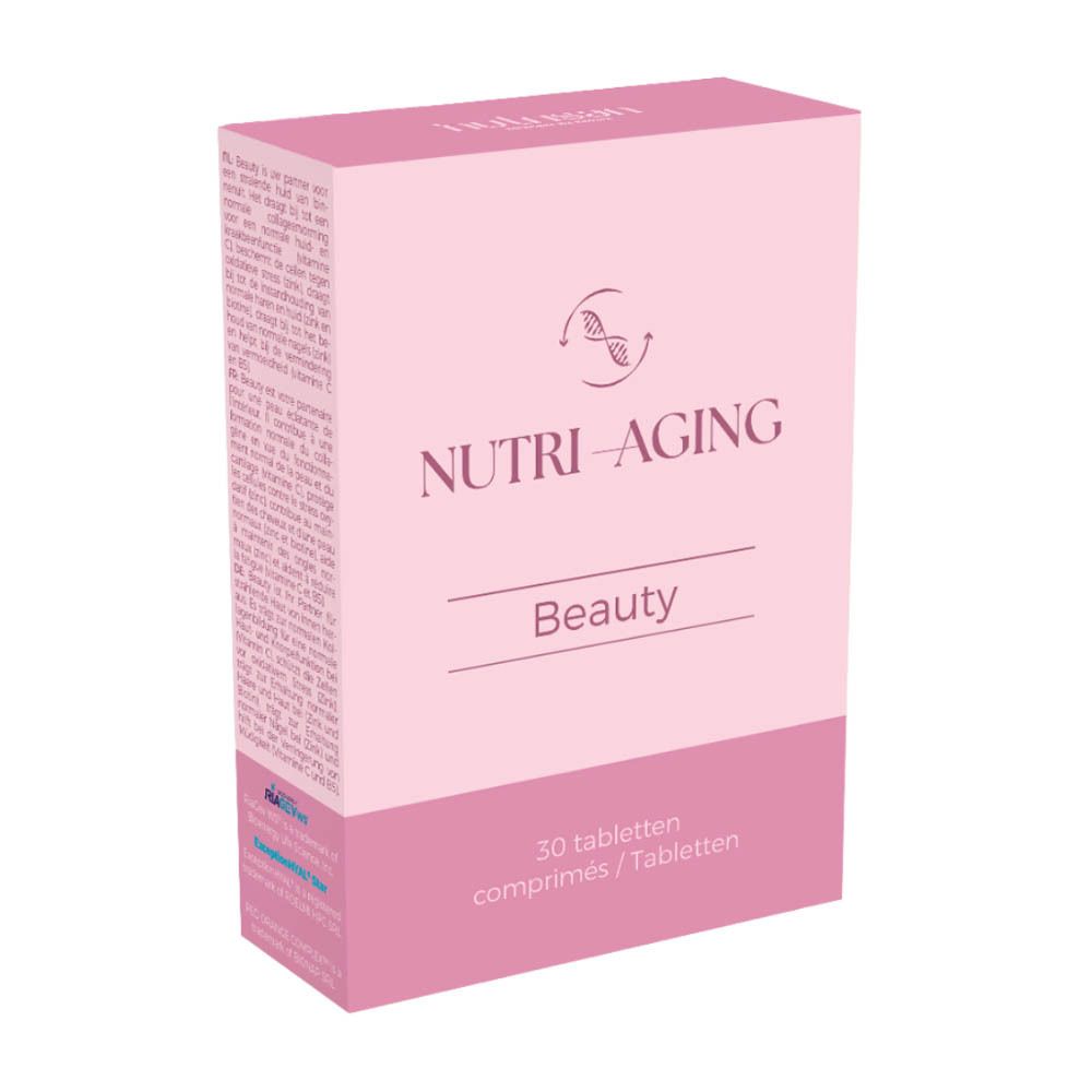 Boîte rose "NUTRI-AGING Beauty". Contient 30 comprimés. Logo double hélice. Texte en allemand et néerlandais.